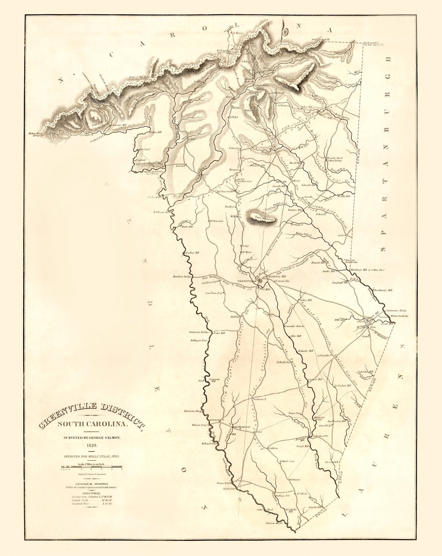Vintage Map of Greenville District, South Carolina, 1825