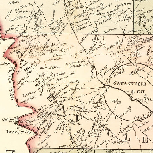 Vintage Map of Greenville County, South Carolina, 1882