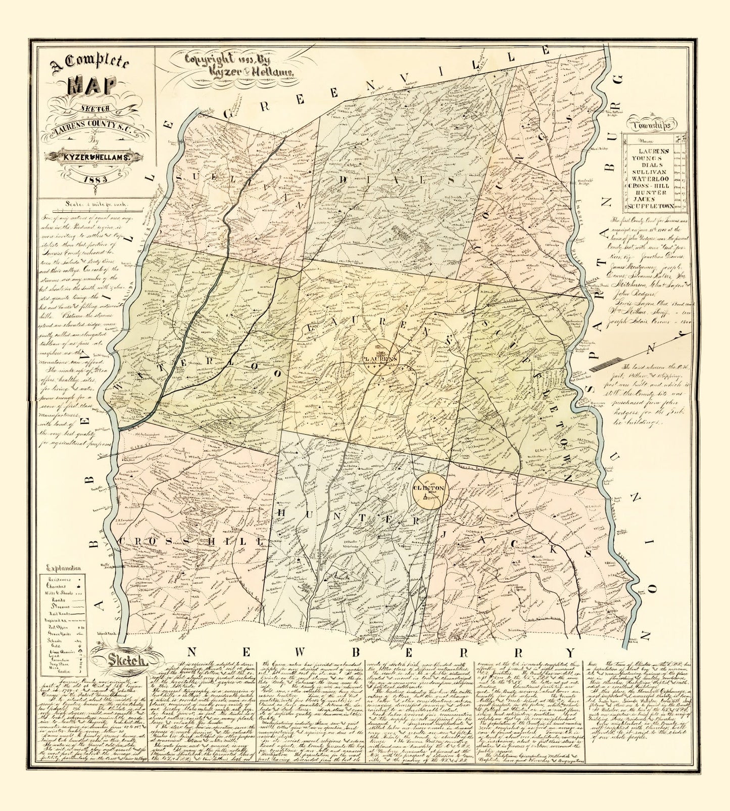 Vintage Map of Laurens County, South Carolina, 1883