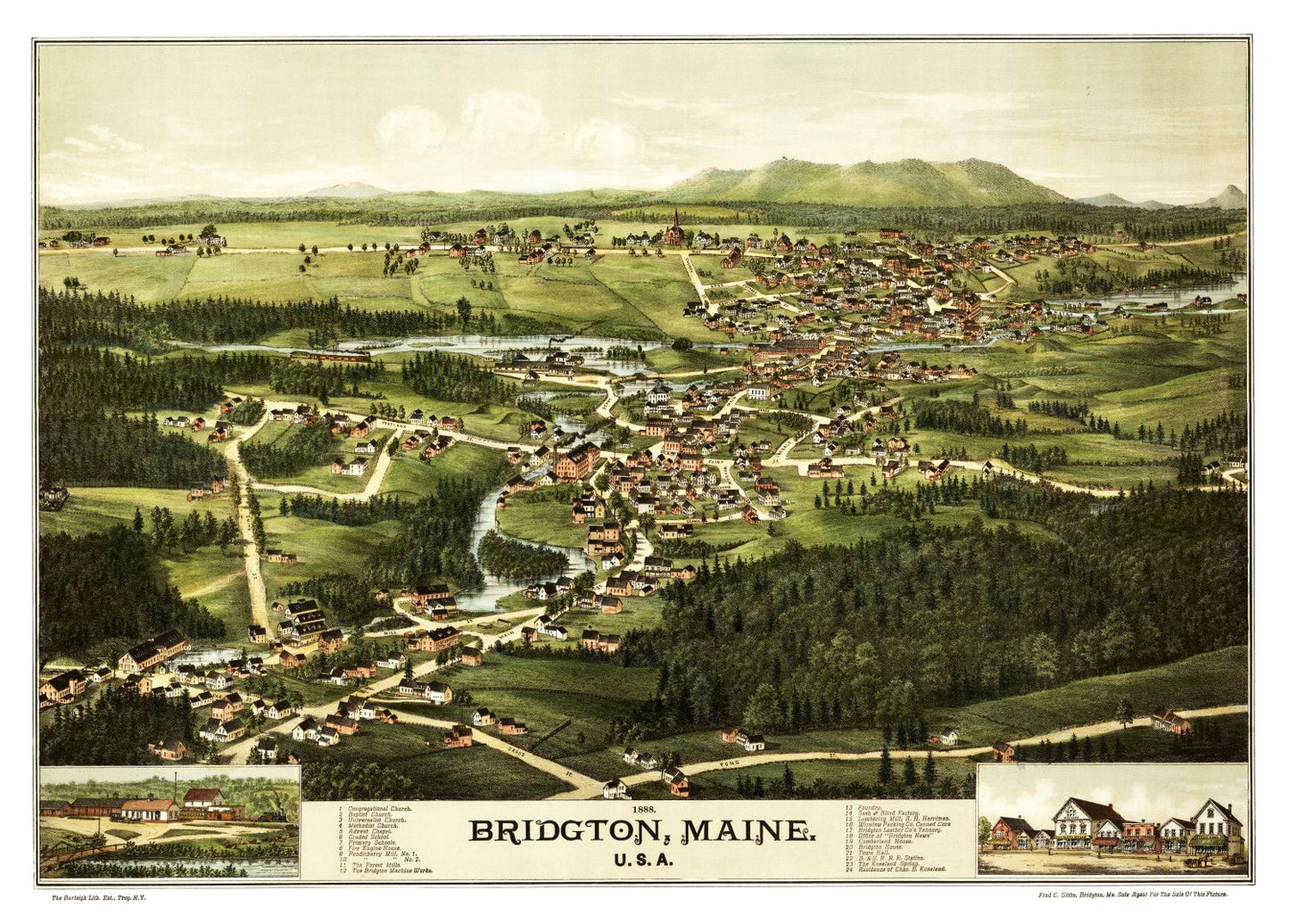 Vintage Map of Bridgton, Maine, 1888