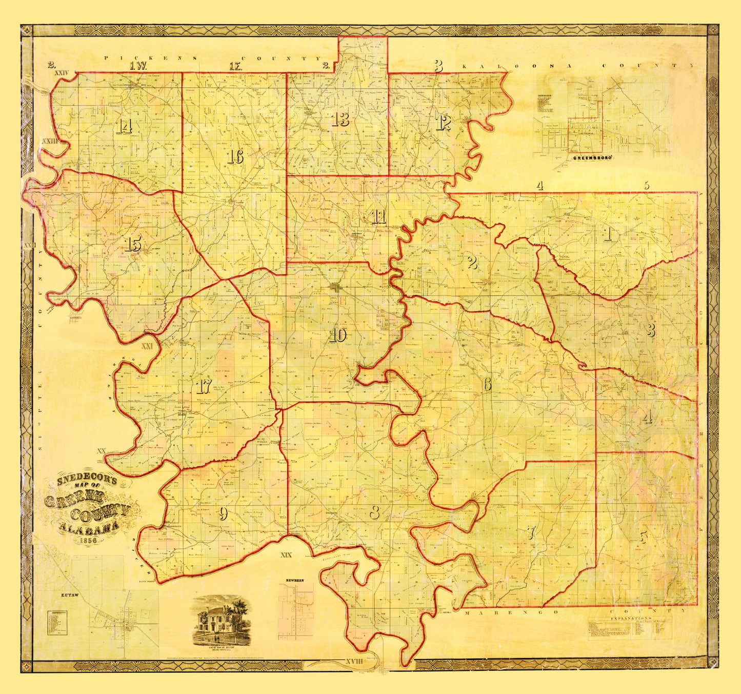 Vintage Map of Greene County, Alabama, 1856