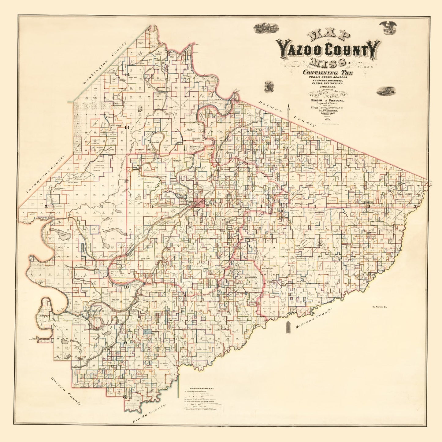 Vintage Map of Yazoo County, Mississippi, 1874