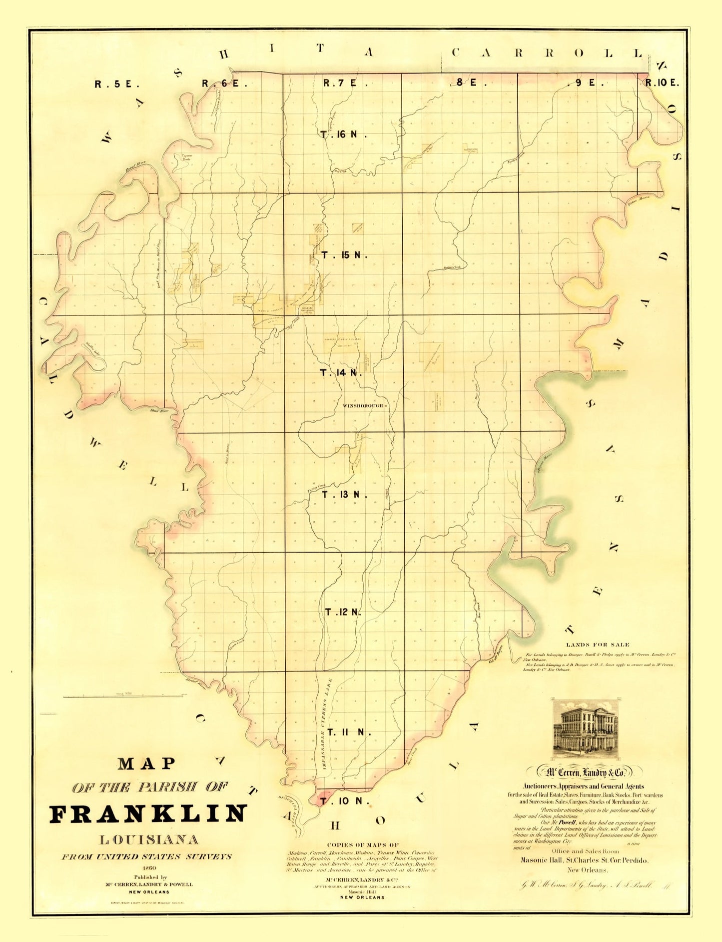 Vintage Map of Franklin Parish, Louisiana, 1860