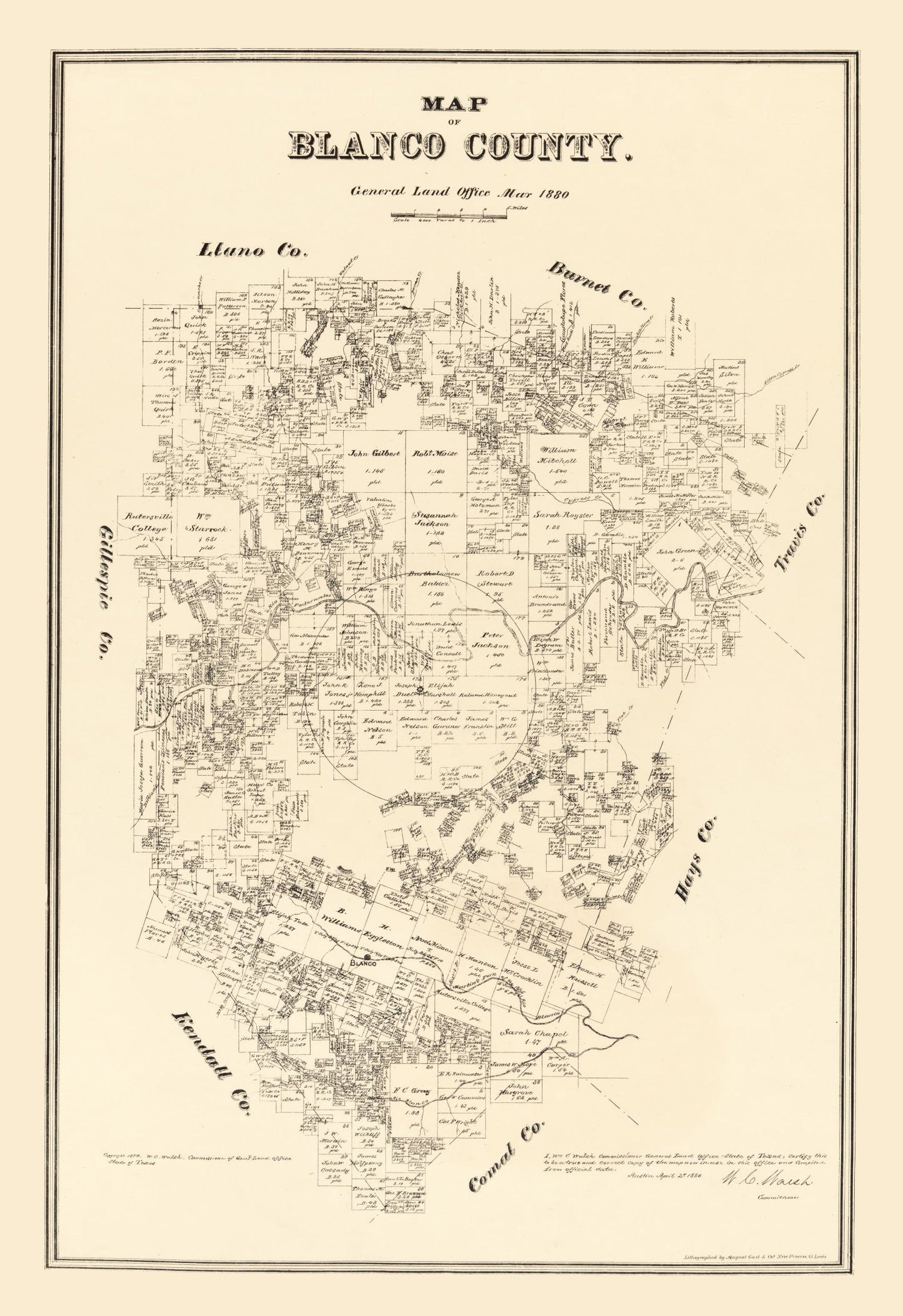 Vintage Map of Blanco County, Texas, 1879