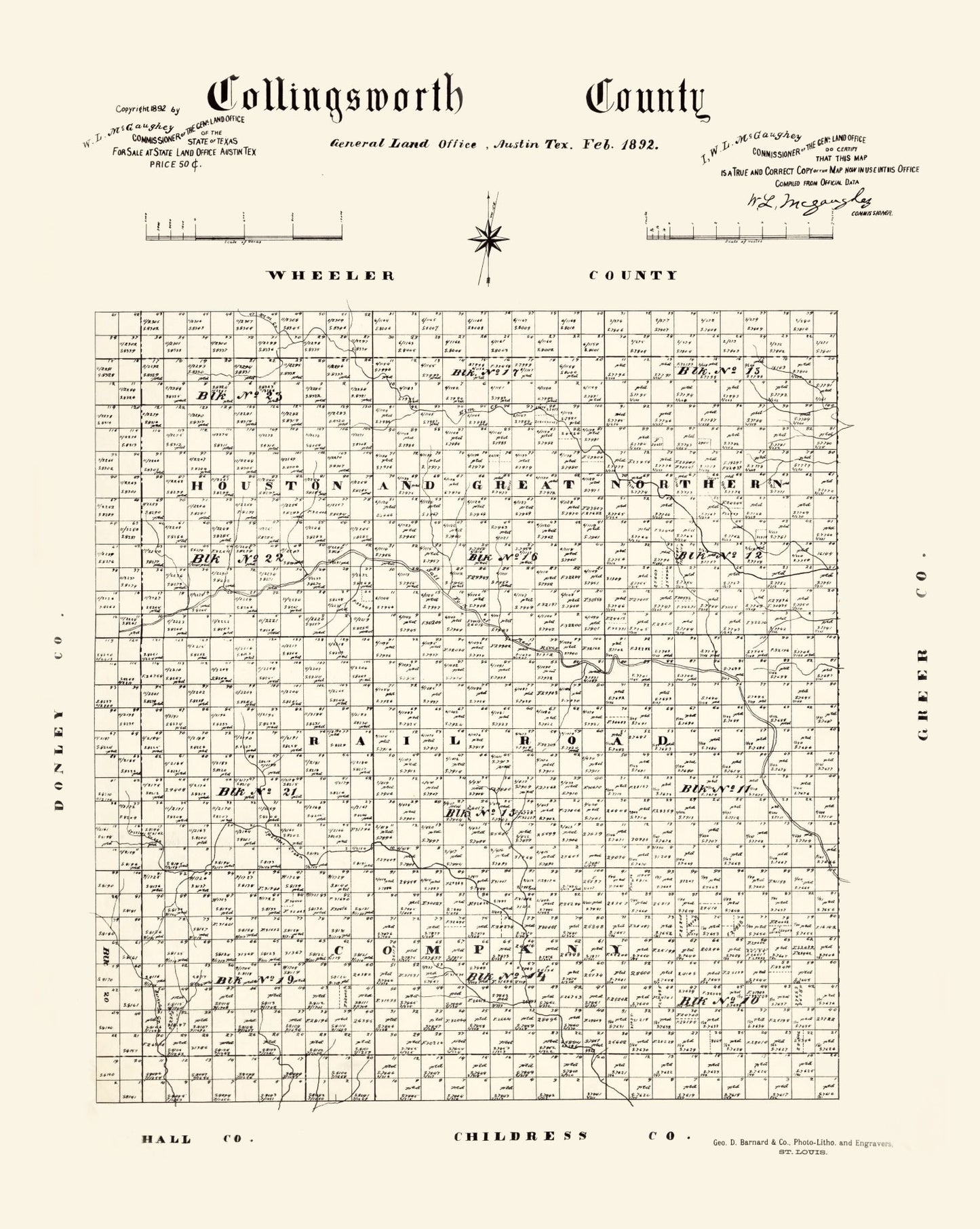 Vintage Map of Collingsworth County, Texas, 1892