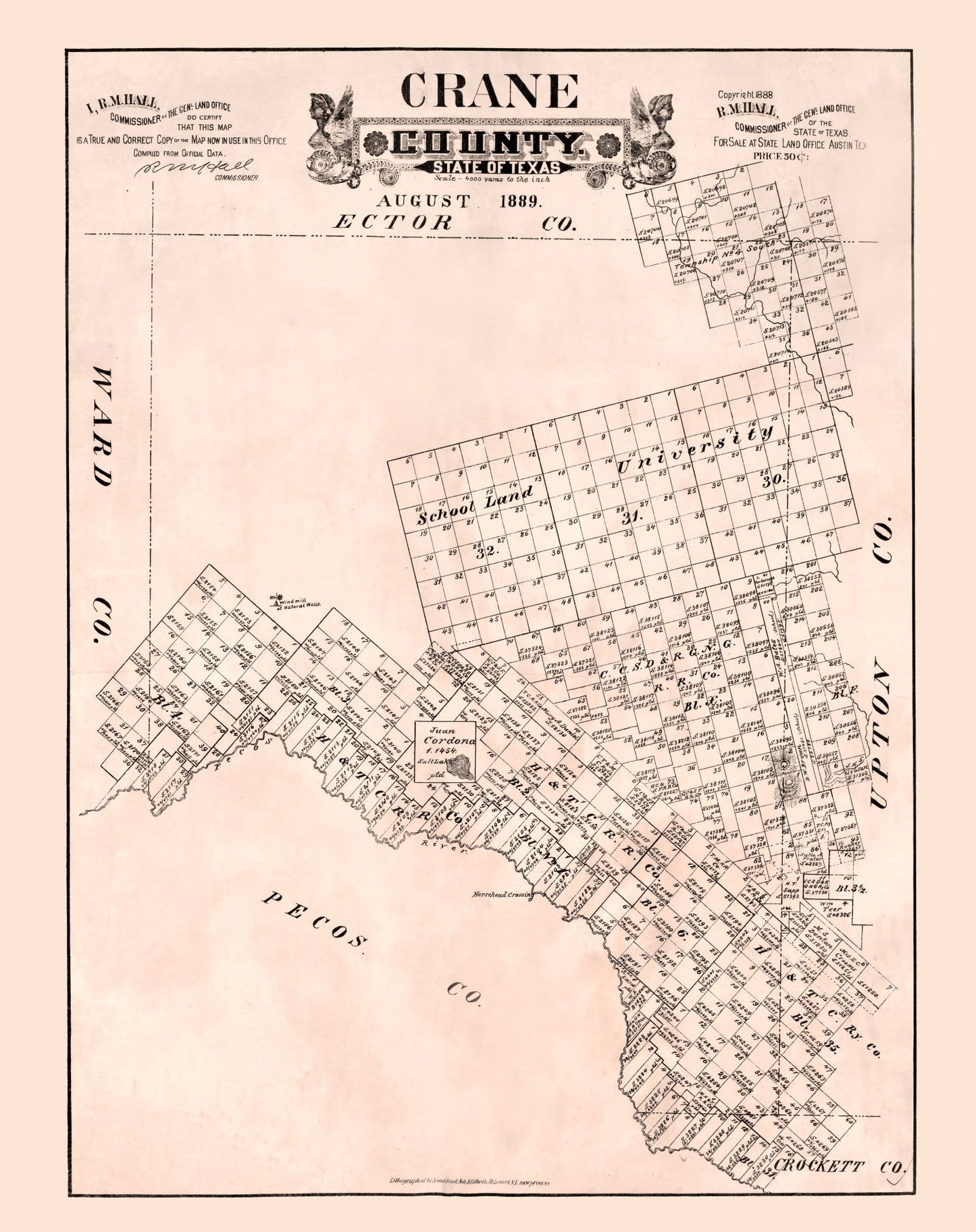 Vintage Map of Crane County, Texas, 1888