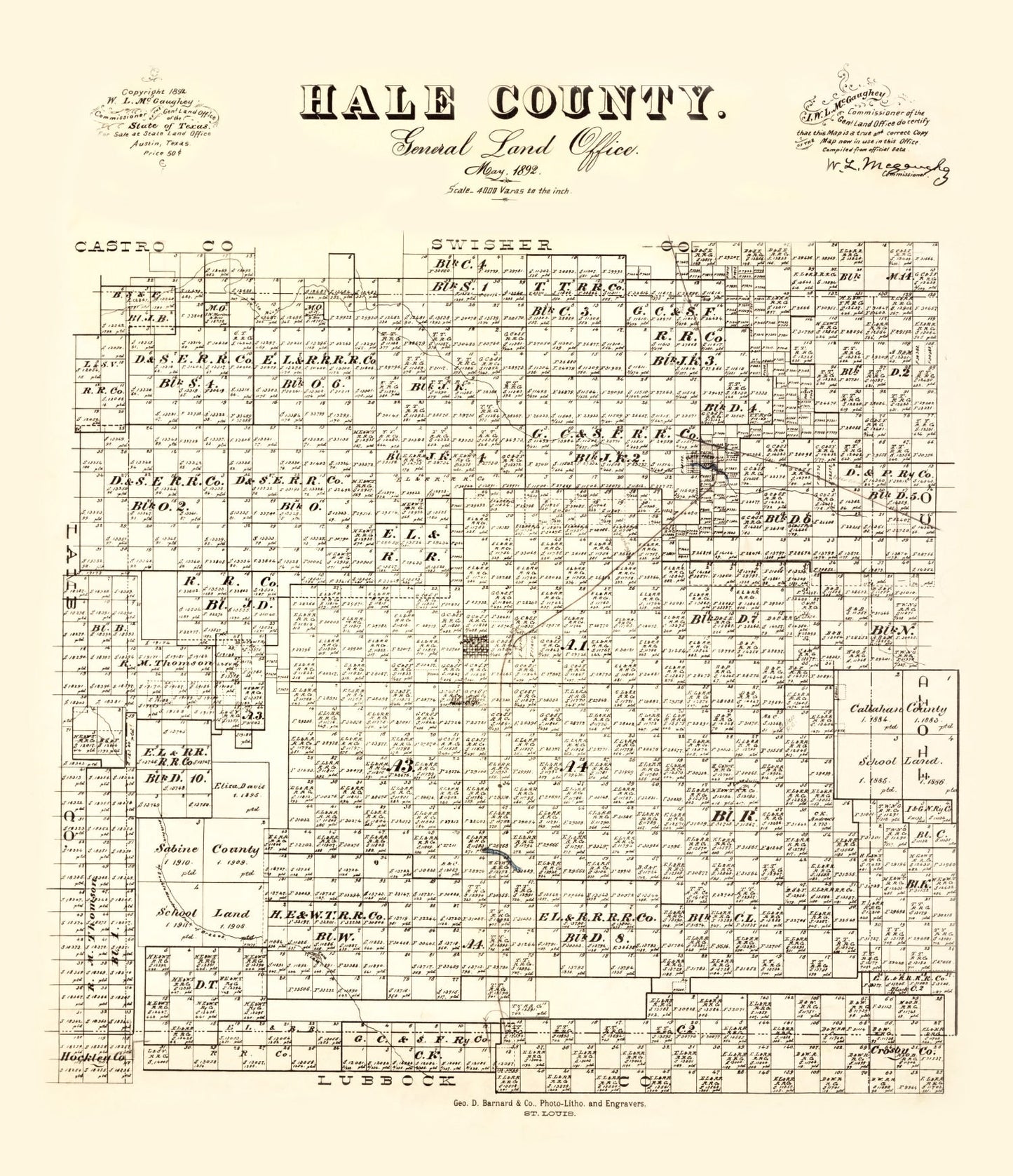 Vintage Map of Hale County, Texas, 1892