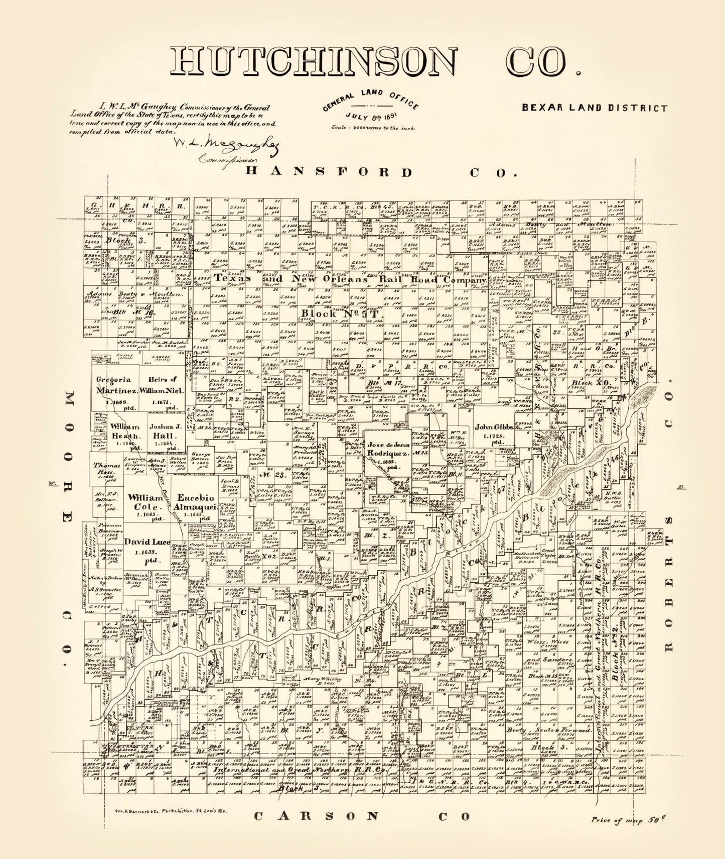 Vintage Map of Hutchinson County, Texas, 1891