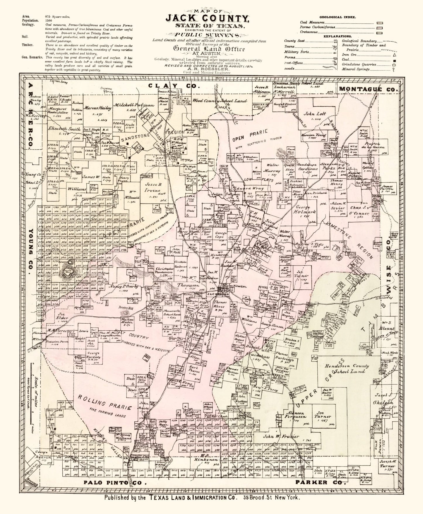 Vintage Map of Jack County, Texas, 1876
