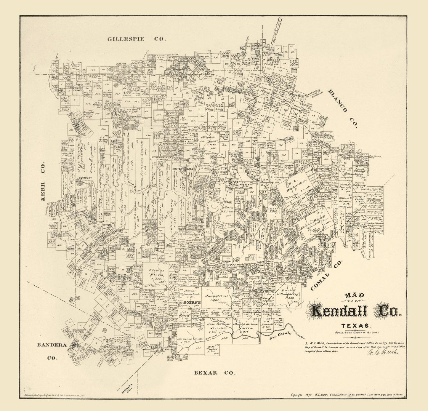 Vintage Map of Kendall County, Texas, 1879