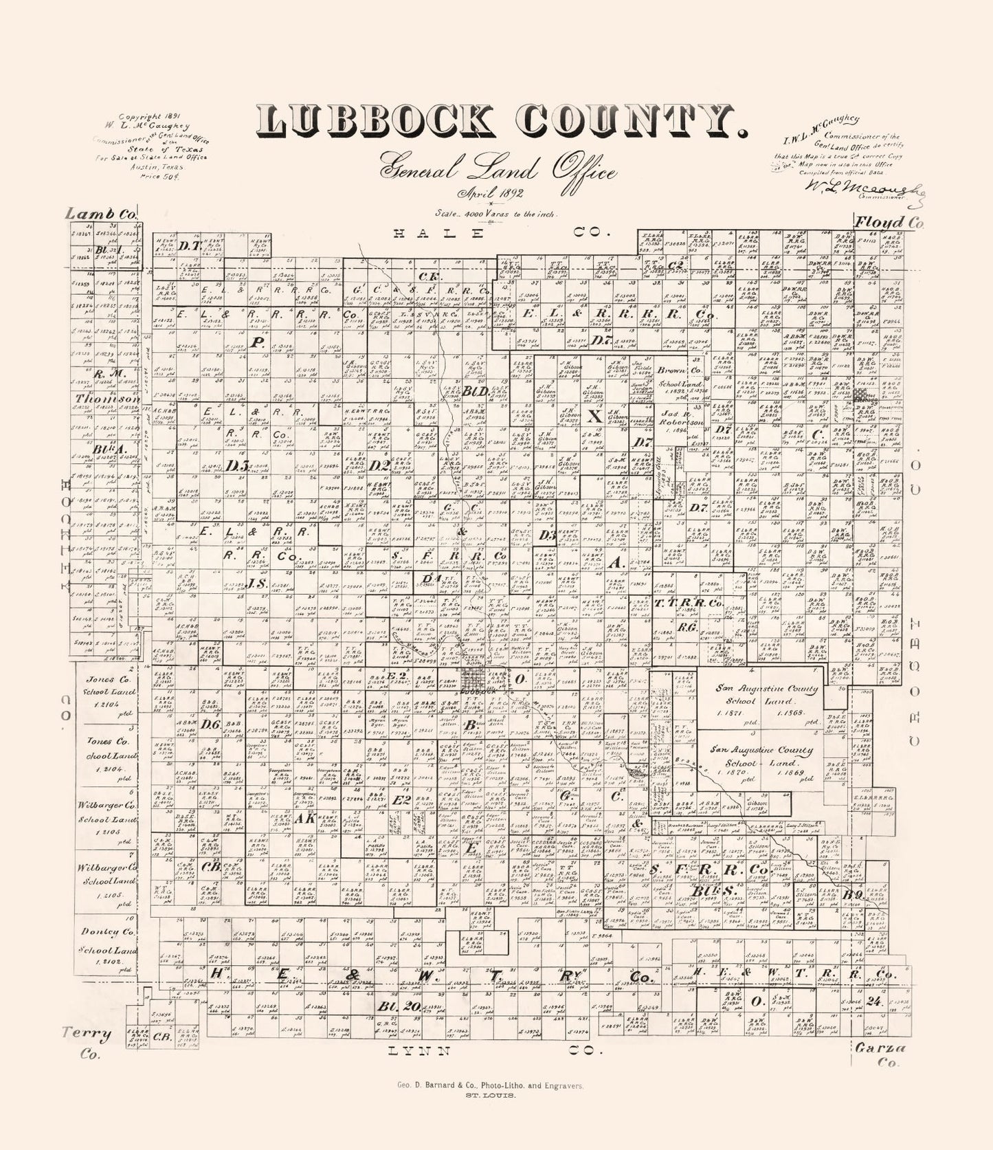 Vintage Map of Lubbock County, Texas, 1892