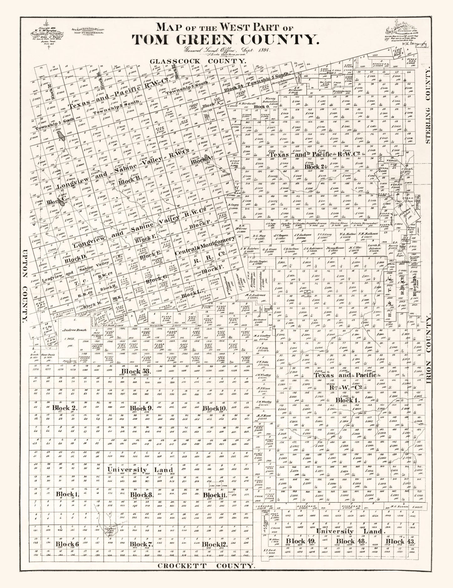 Vintage Map of Tom Green County, Texas, 1894