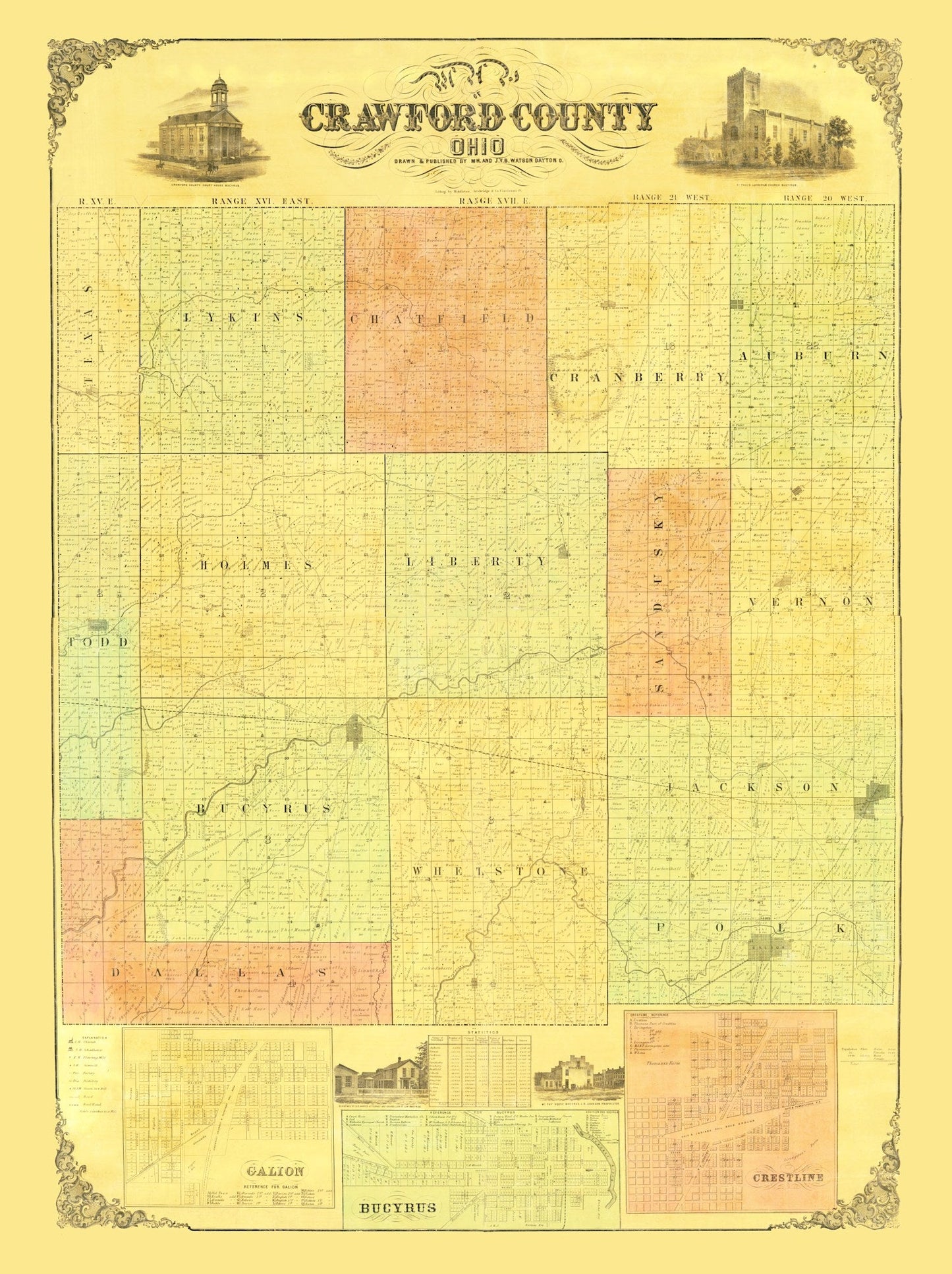 Vintage Map of Crawford County, Ohio, 1850