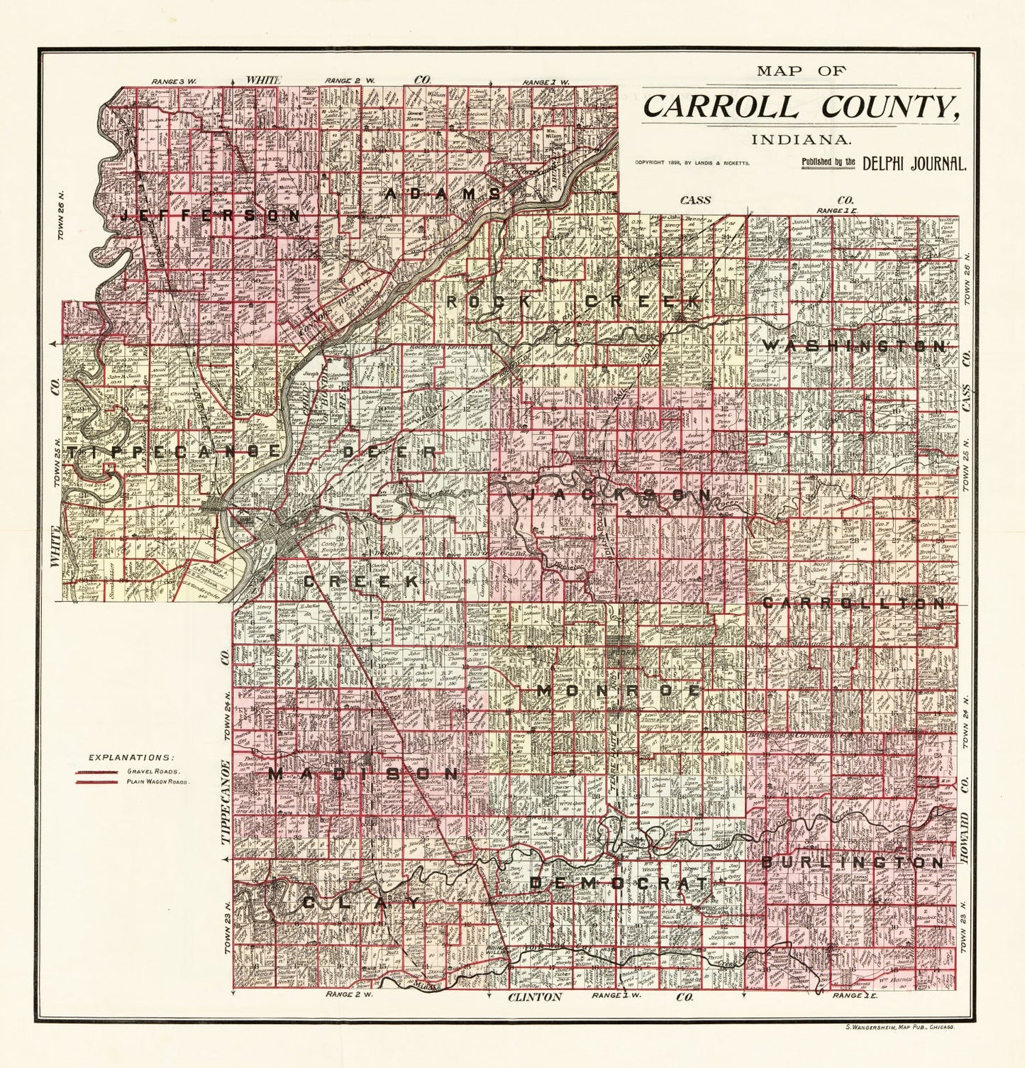 Vintage Map of Carroll County, Indiana, 1898 Wall Art