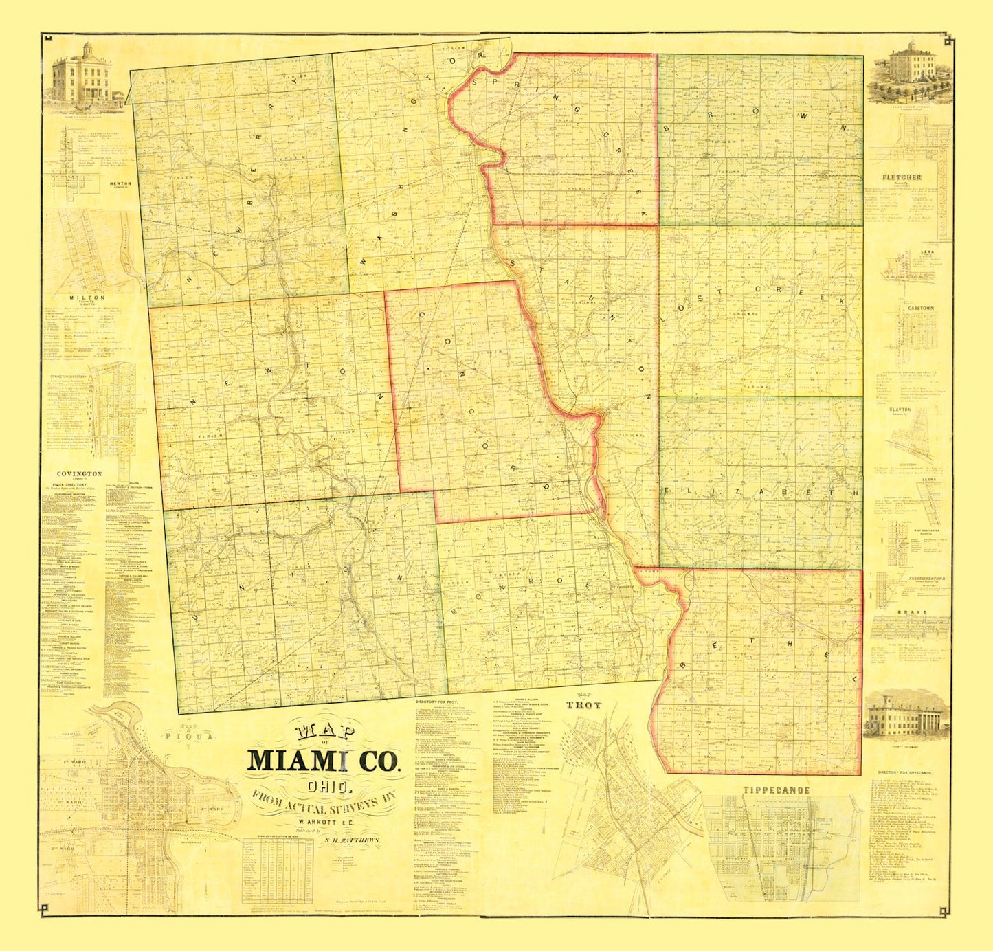 Vintage Map of Miami County, Ohio, 1858
