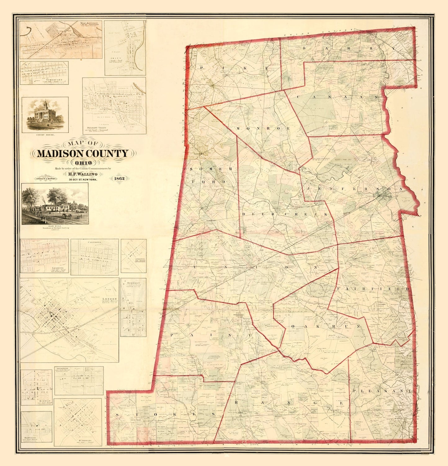Vintage Map of Madison County, Ohio, 1862