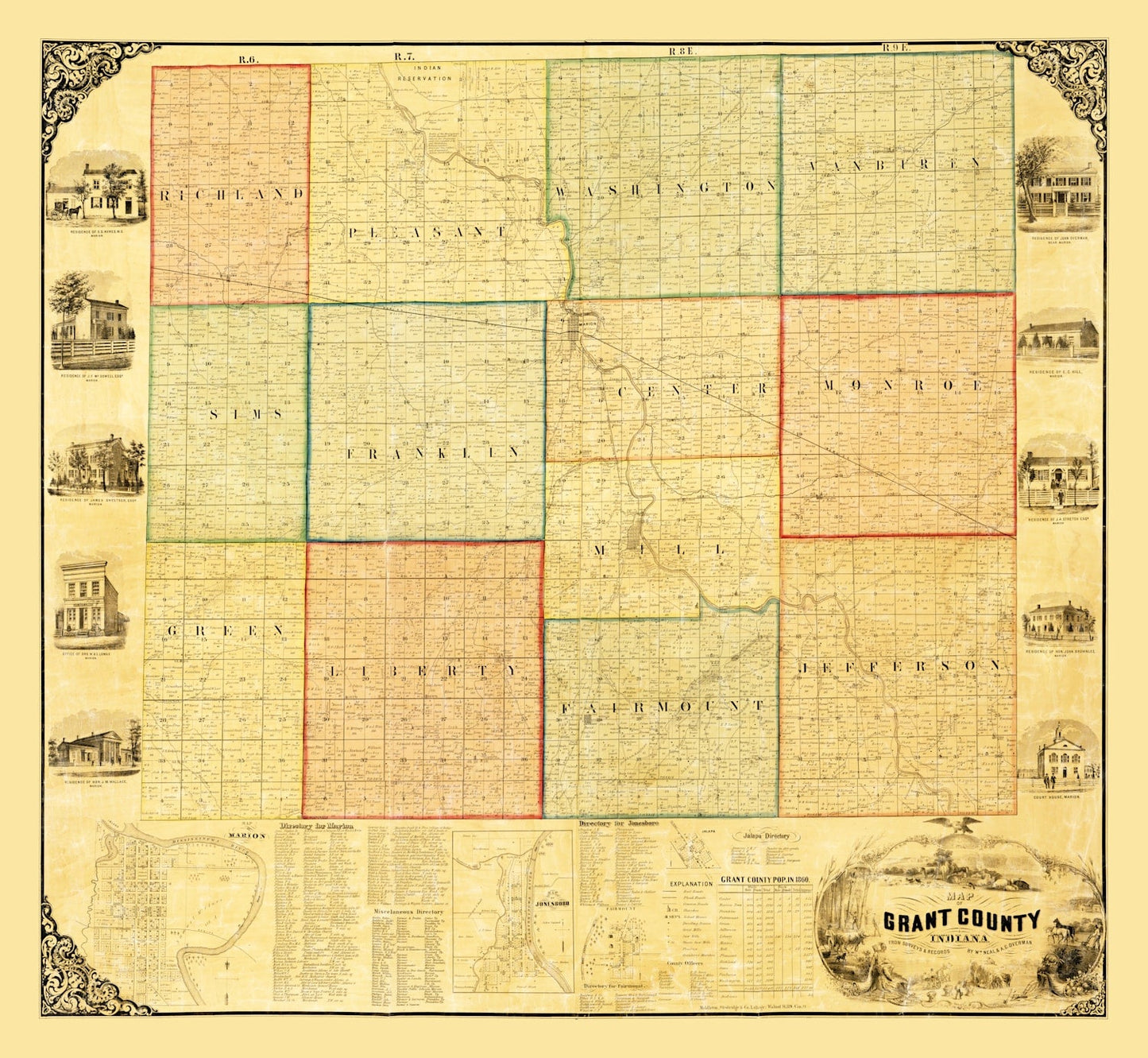 Vintage Map of Grant County, Indiana, 1869