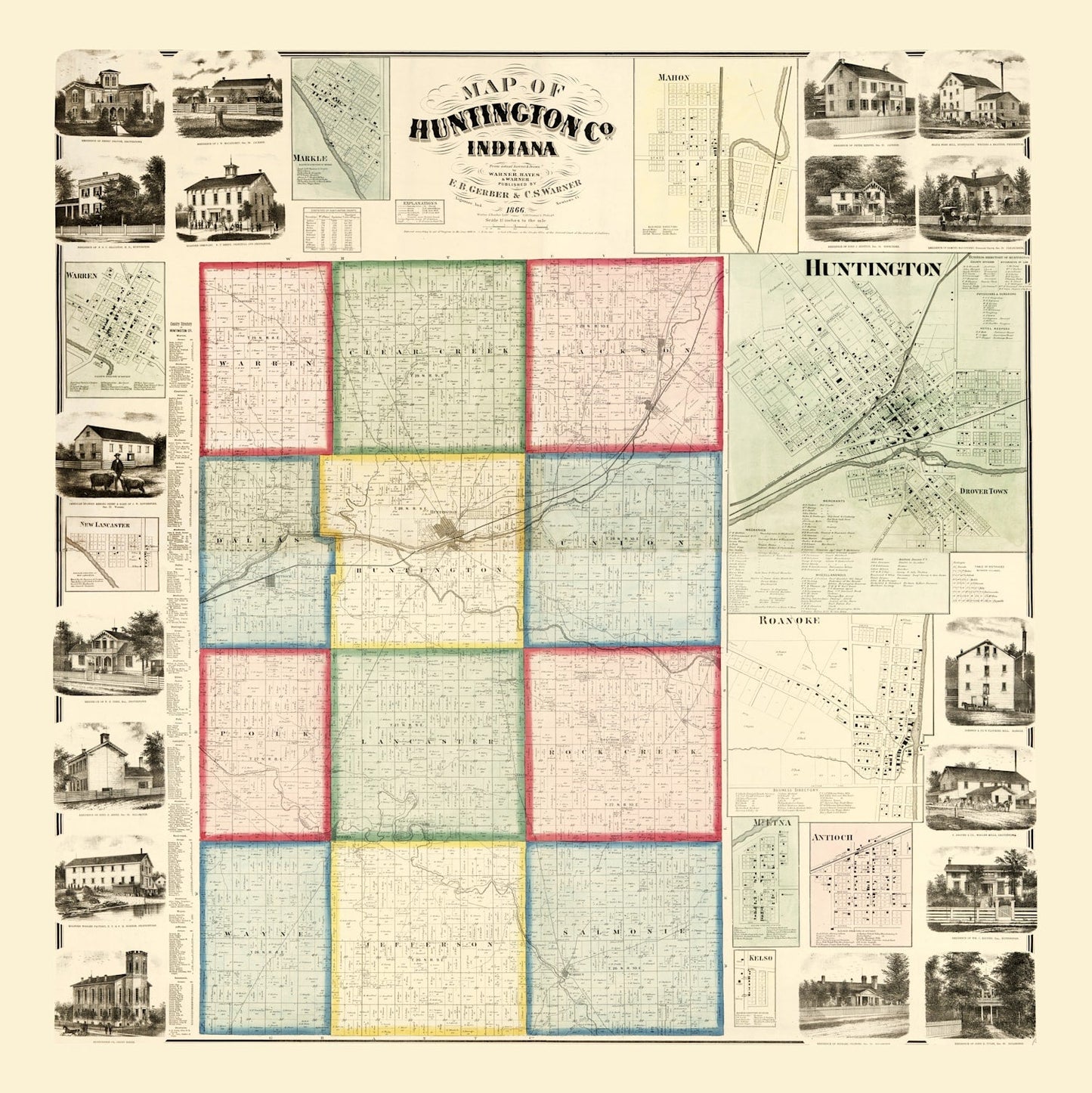 Vintage Map of Huntington County, Indiana, 1866