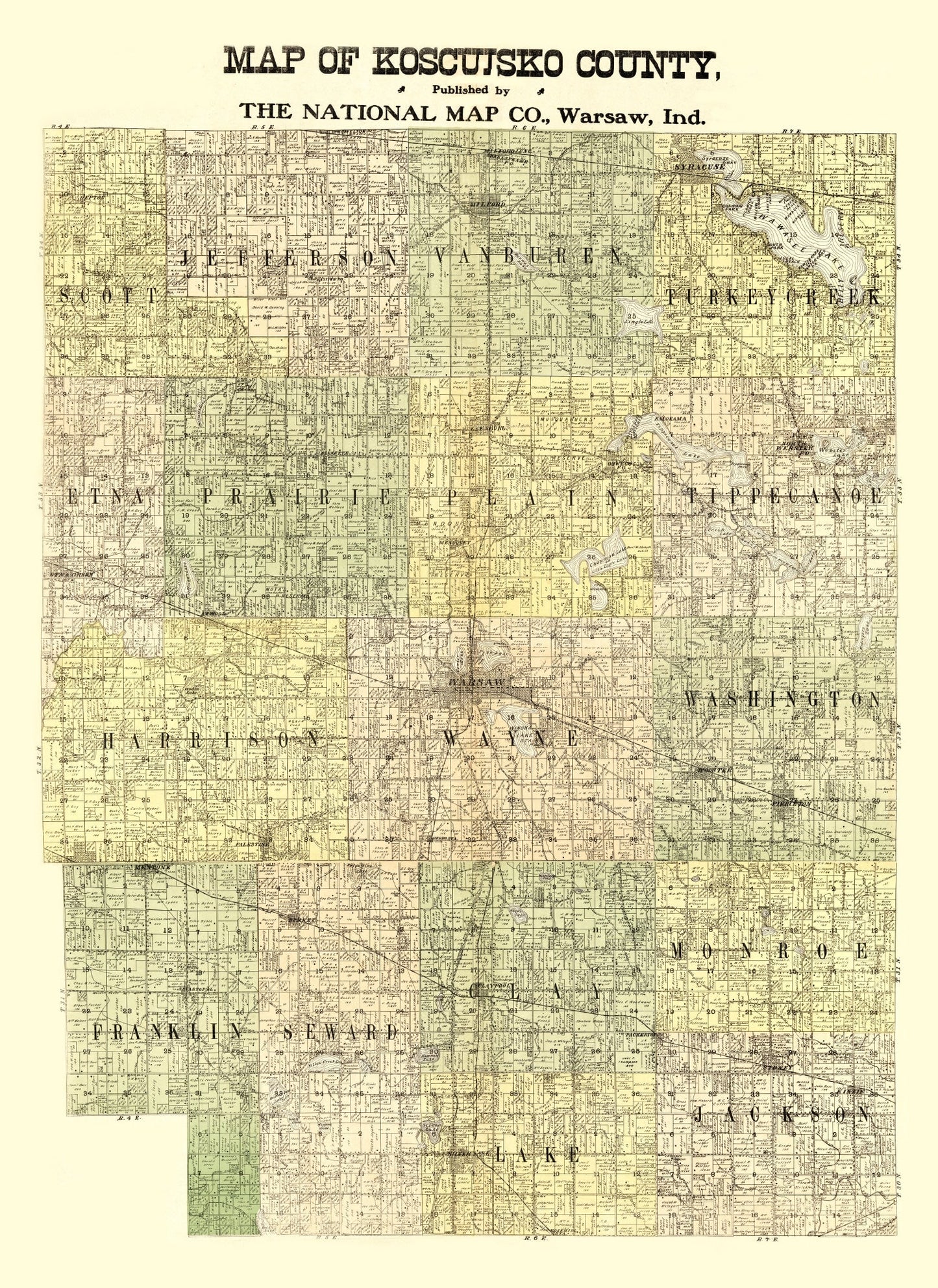 Vintage Map of Kosciusko County, Indiana, 1909