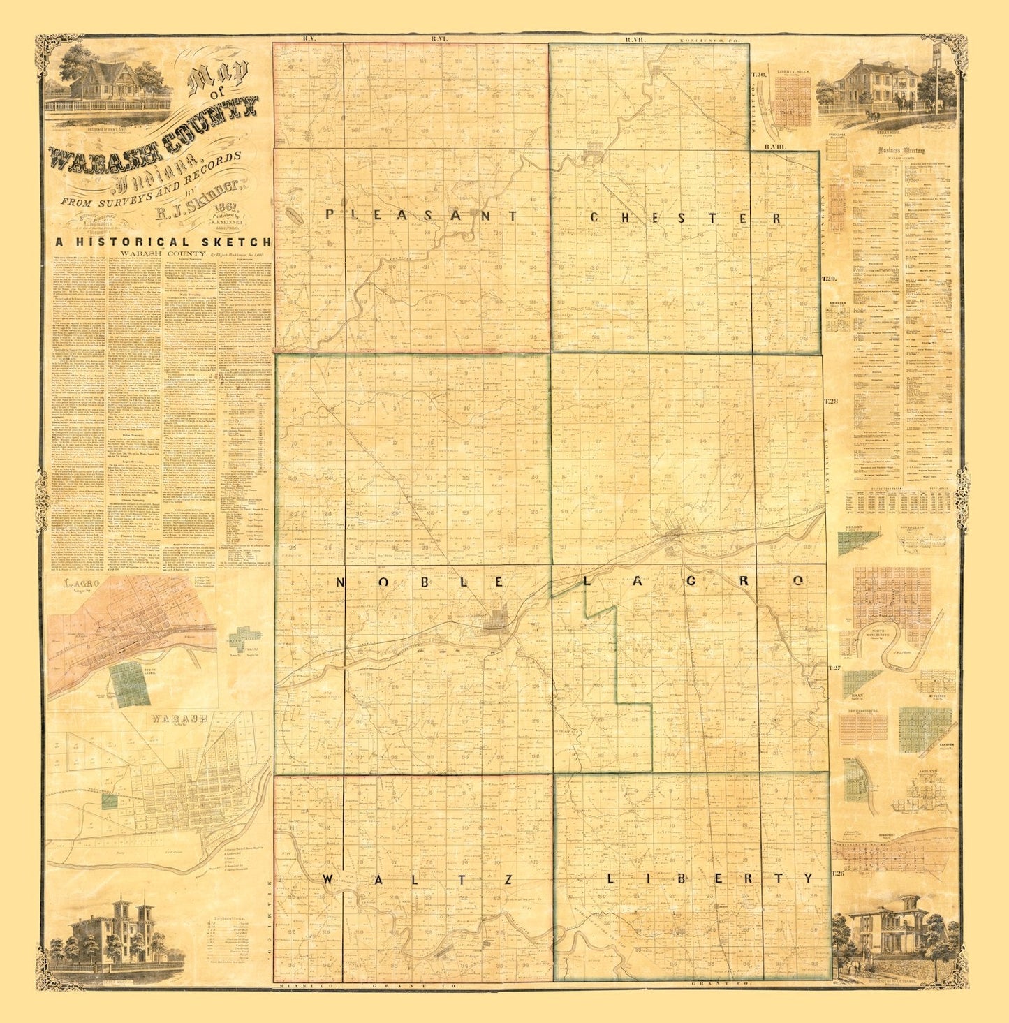 Vintage Map of Wabash County, Indiana, 1861