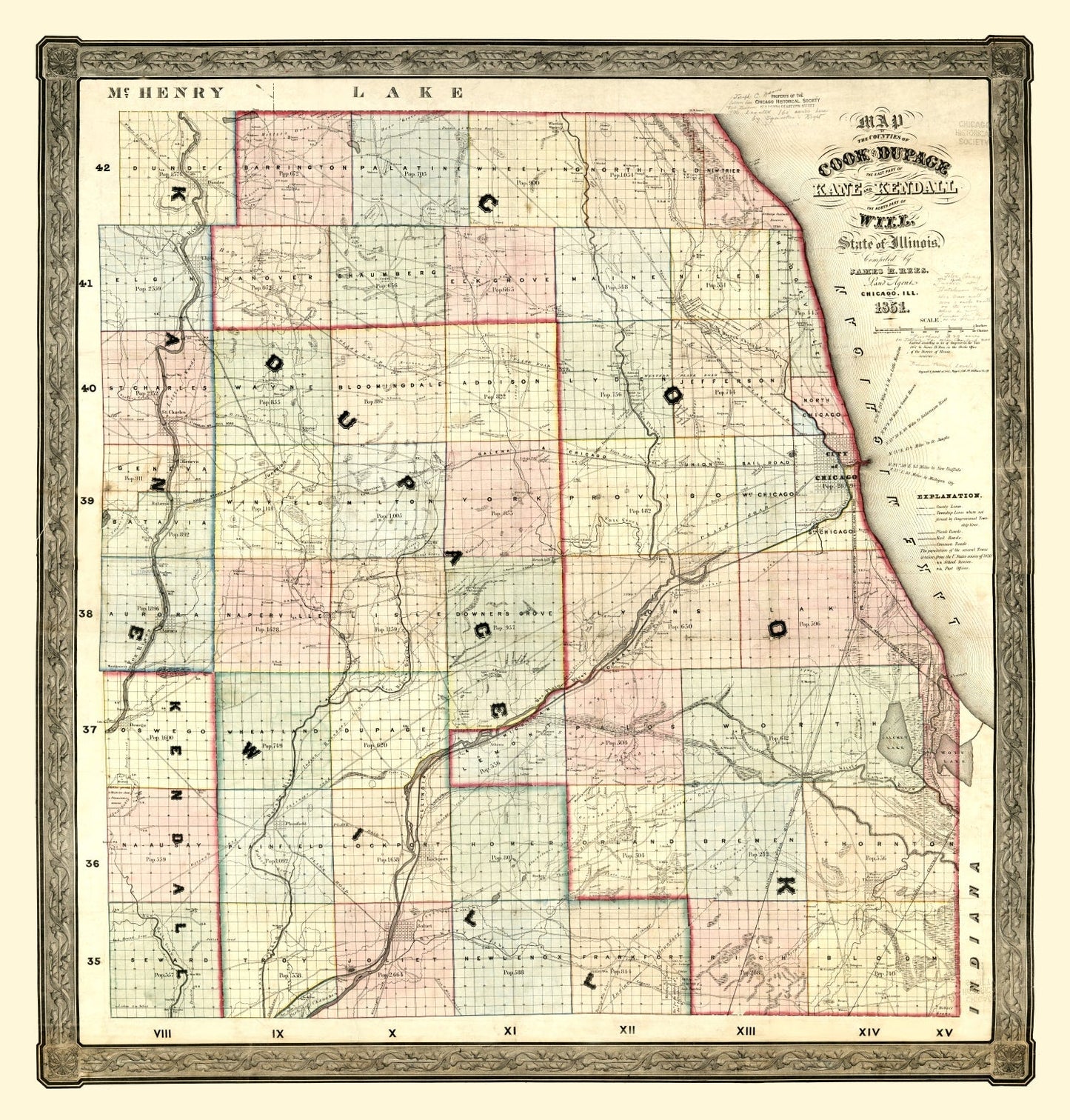 Vintage Map of Kane County, Illinois, 1851