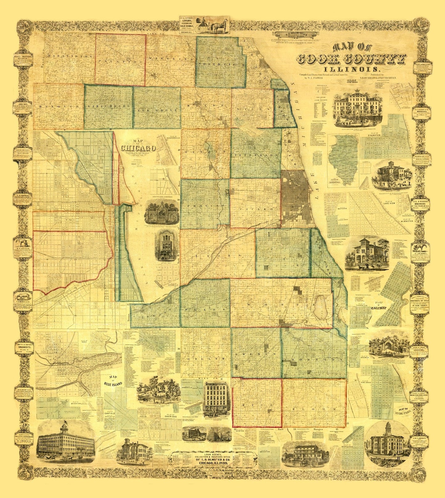 Vintage Map of Cook County, Illinois, 1861