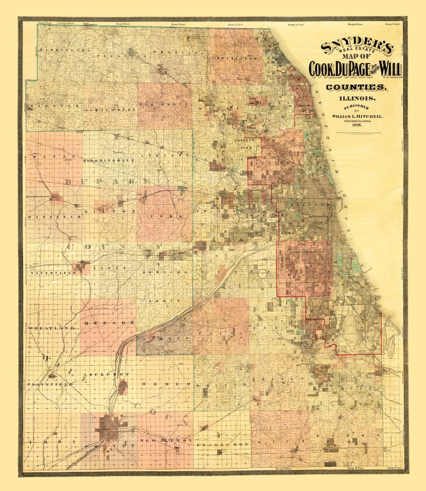 Vintage Map of Cook County, Illinois, 1898