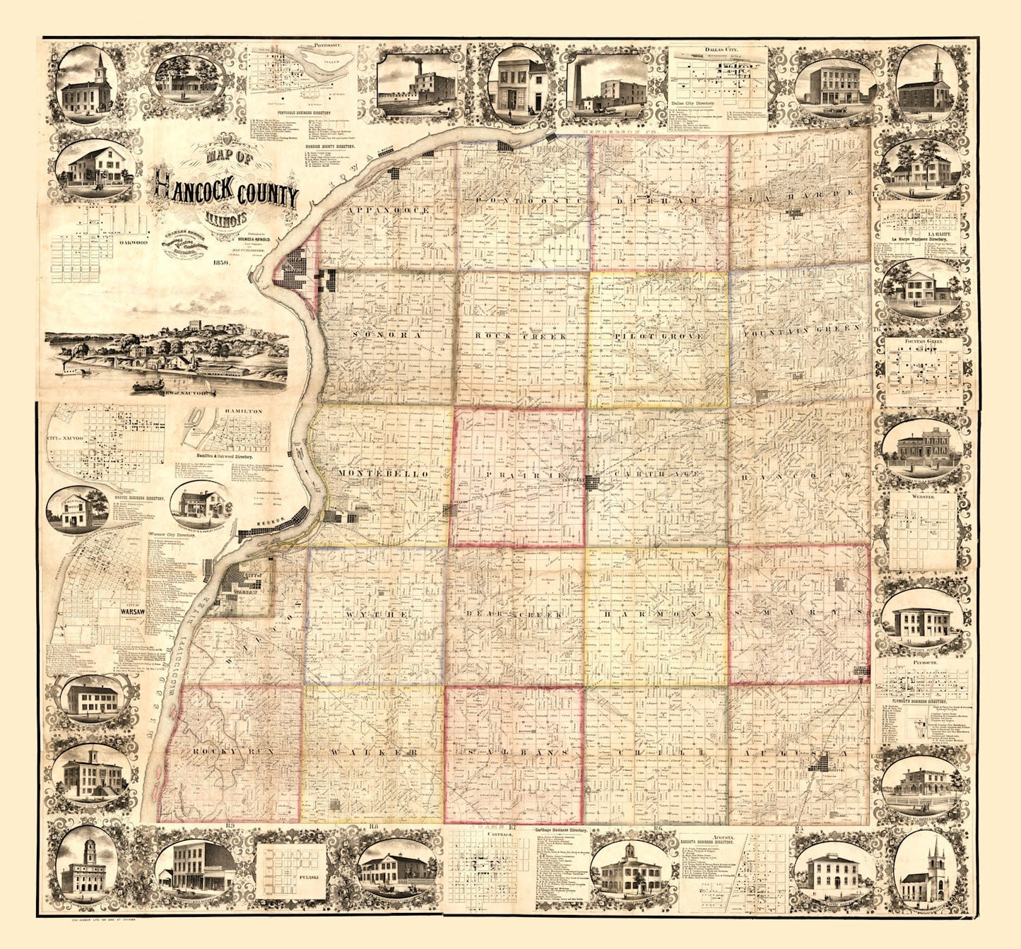 Vintage Map of Hancock County, Illinois, 1859