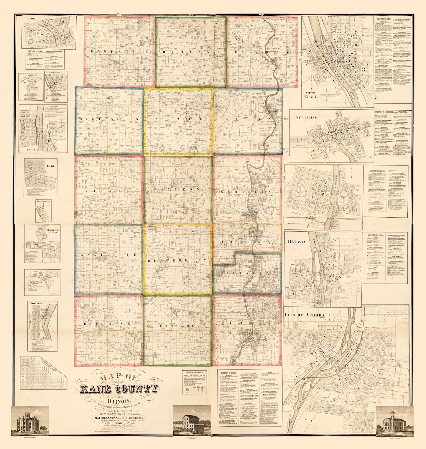 Vintage Map of Kane County, Illinois, 1860