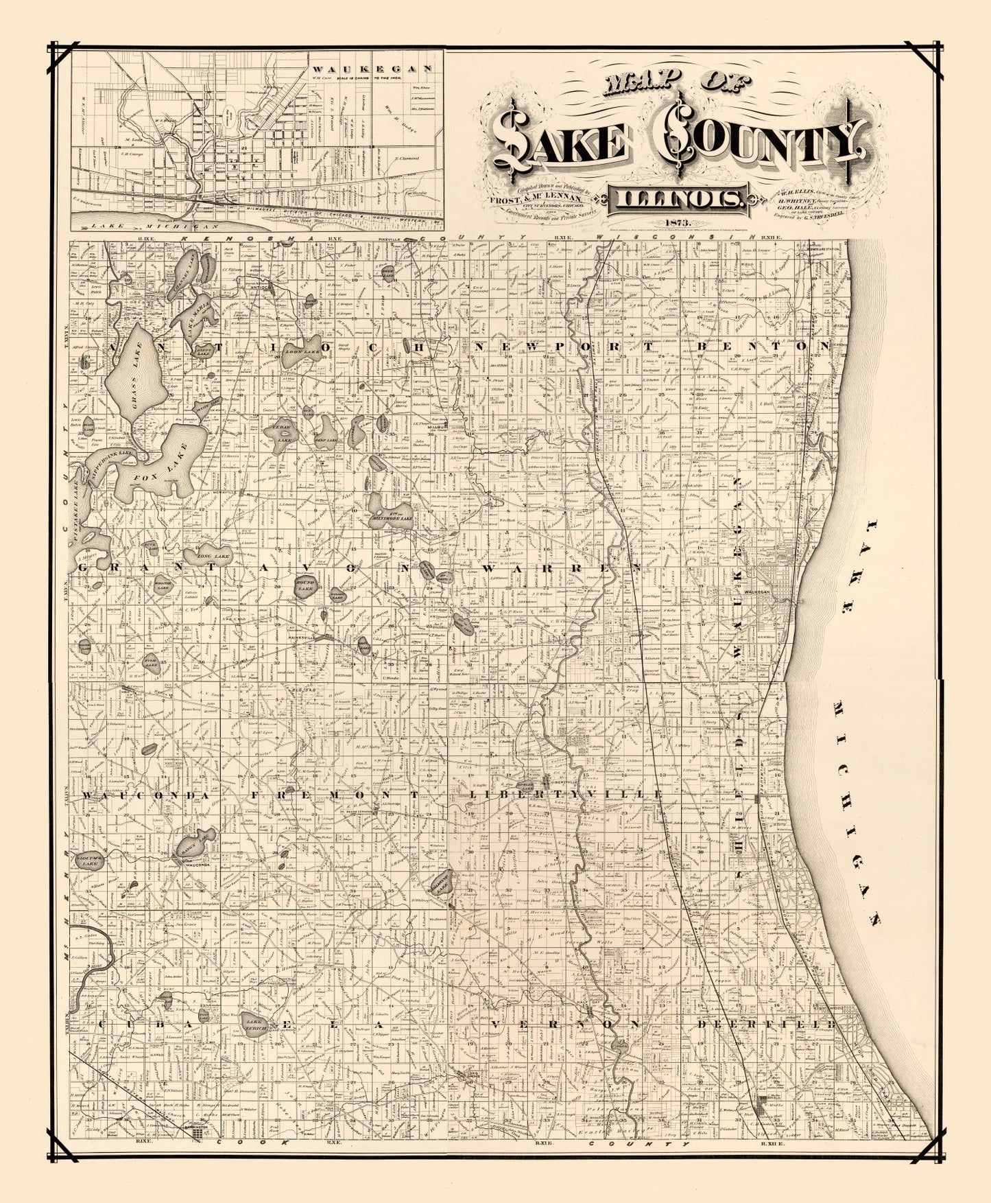 Vintage Map of Lake County, Illinois, 1873
