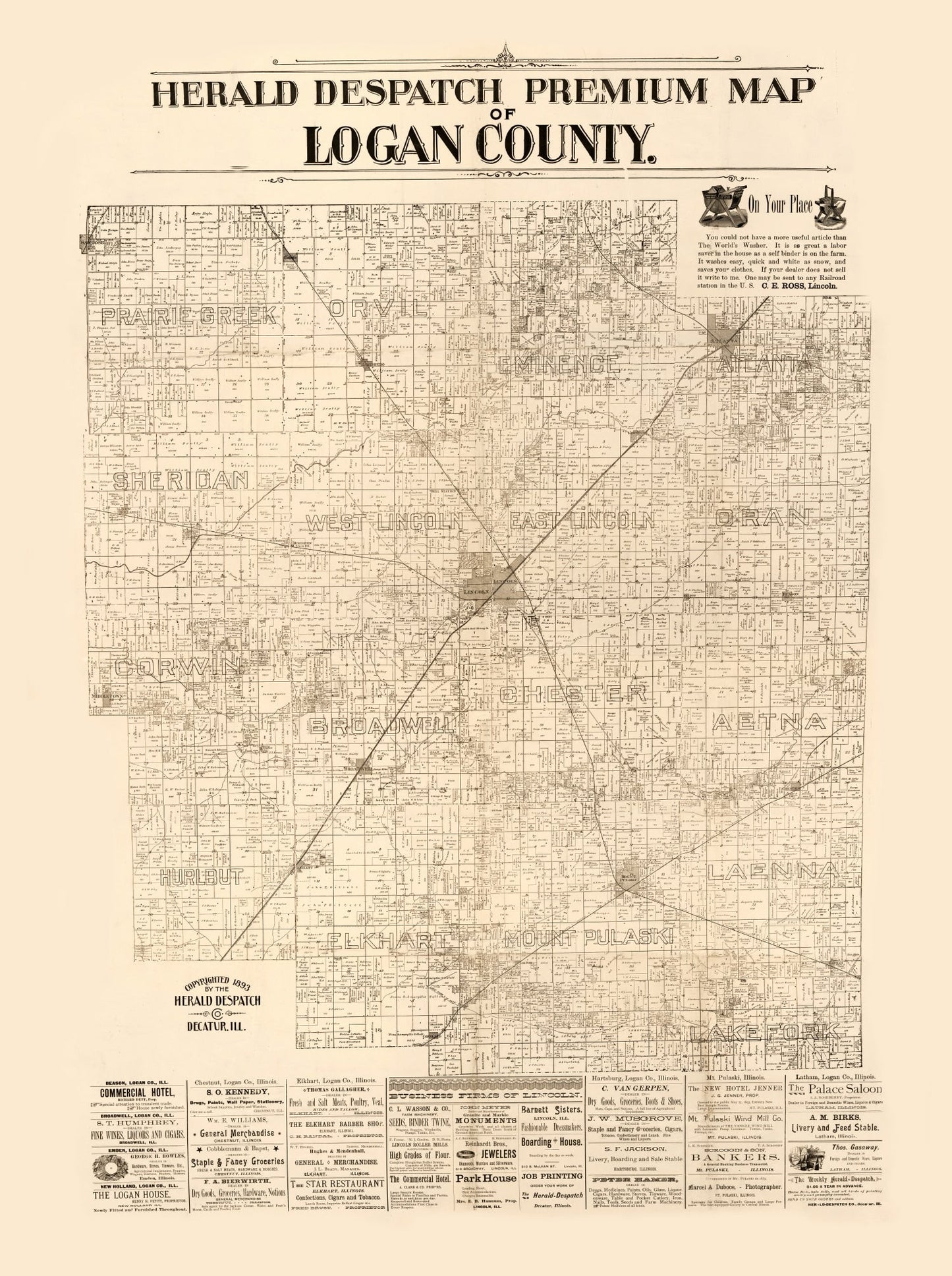 Vintage Map of Logan County, Illinois, 1893