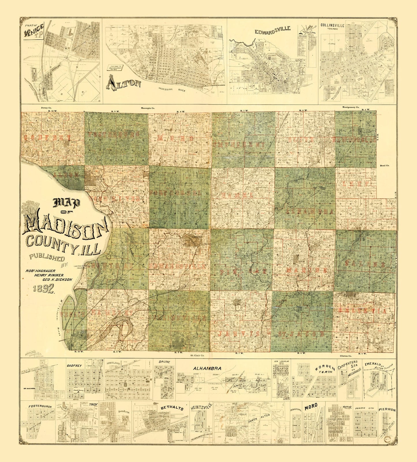 Vintage Map of Madison County, Illinois, 1892