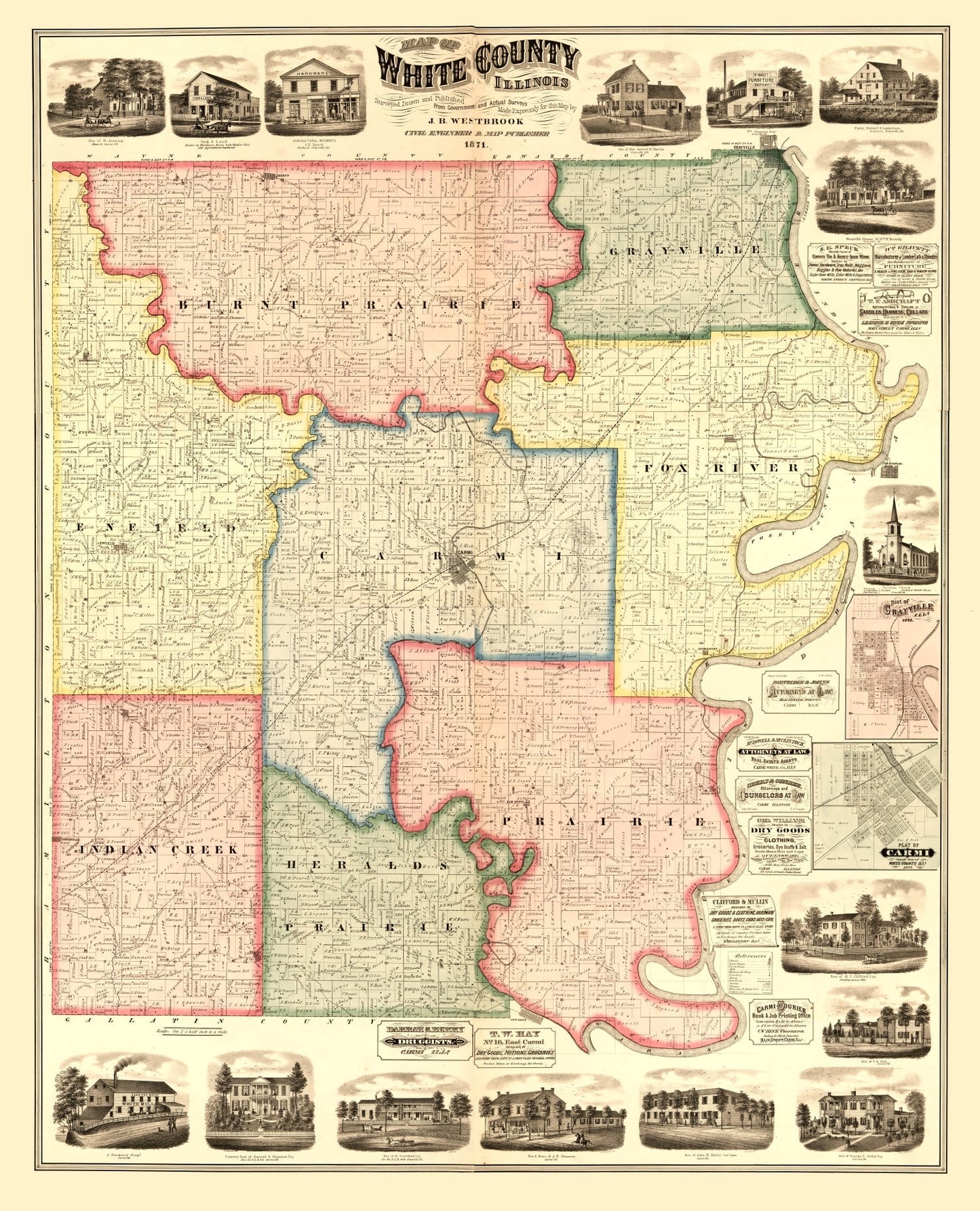 Vintage Map of White County, Illinois 1871