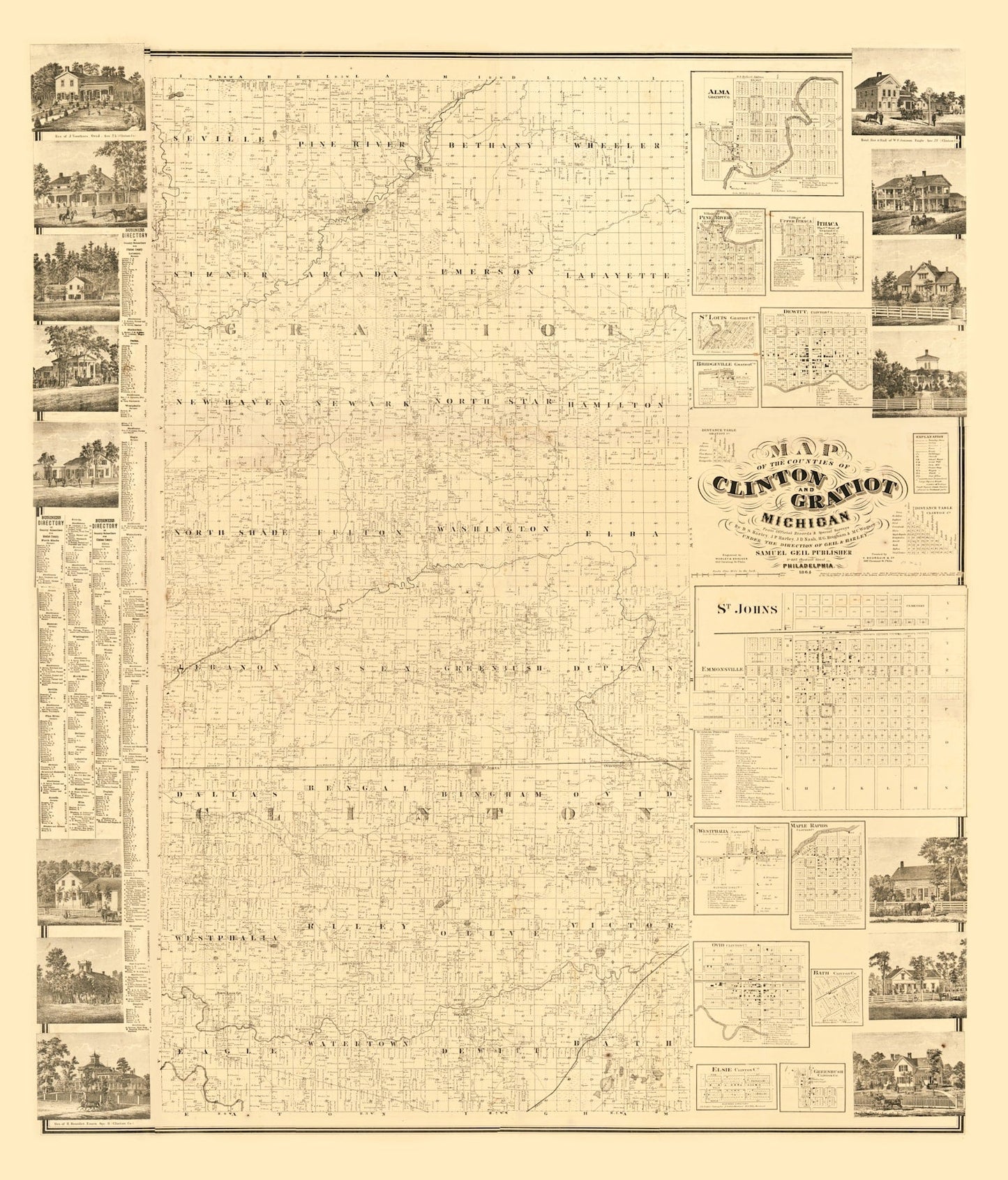Vintage Map of Clinton County, Michigan, 1864