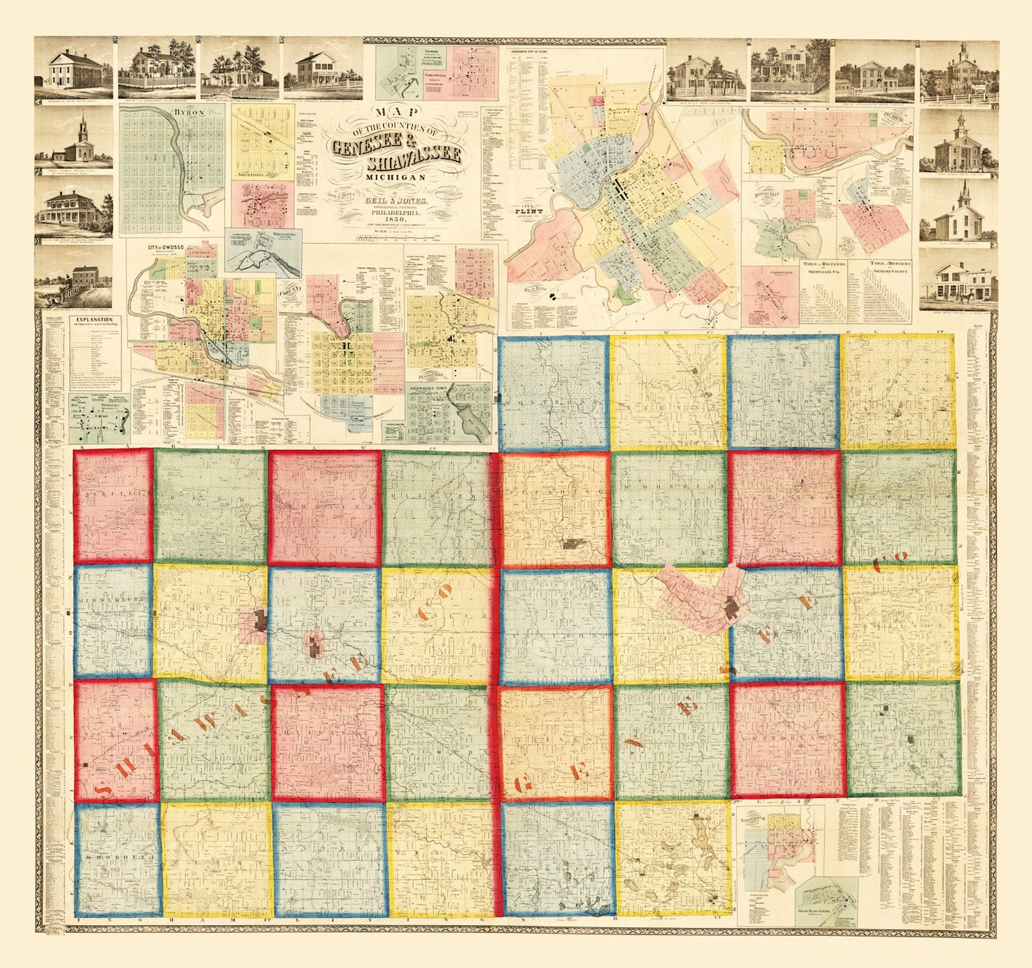 Vintage Map of Genesee County, Michigan, 1859
