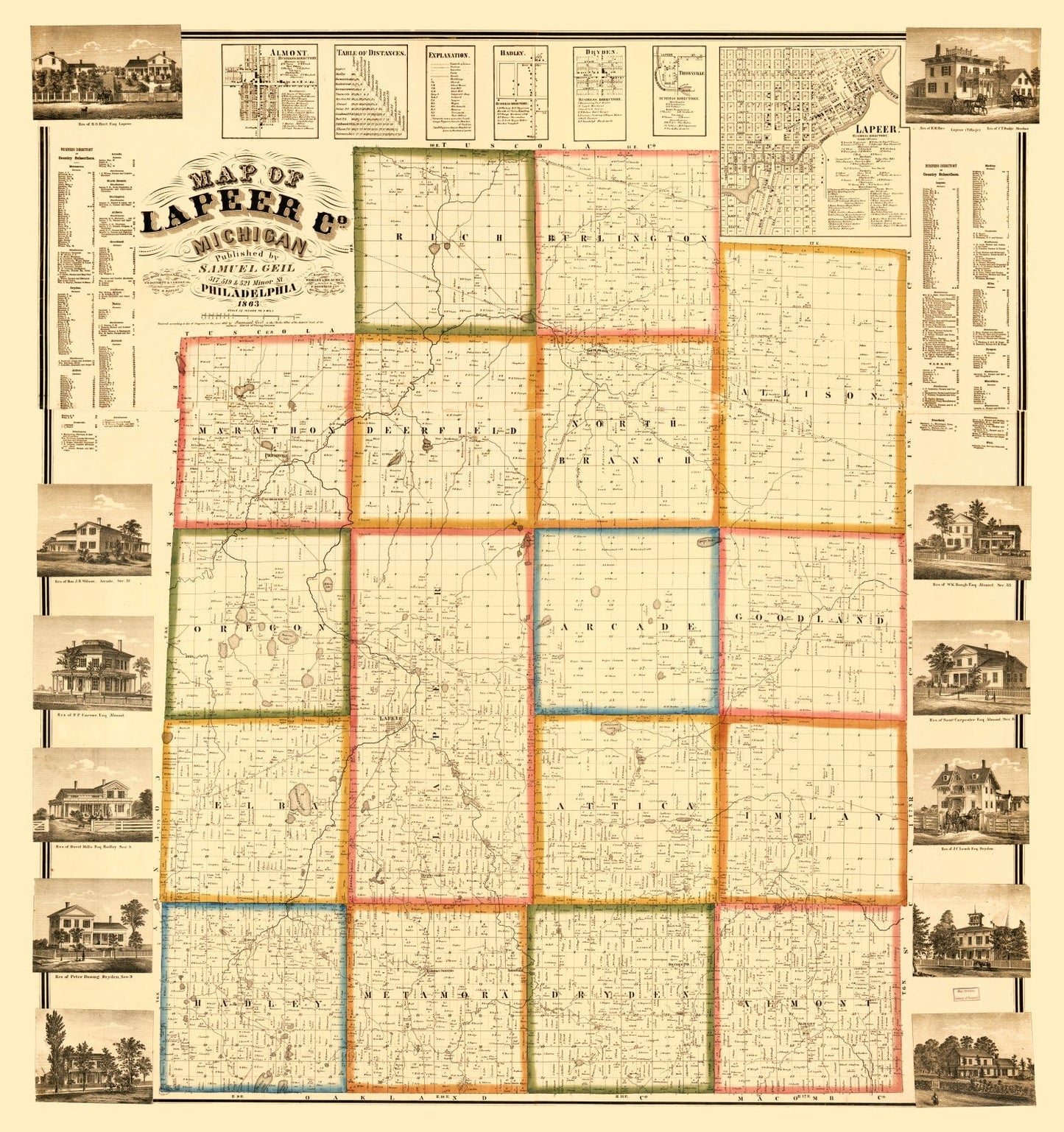 Vintage Map of Lapeer County, Michigan, 1863