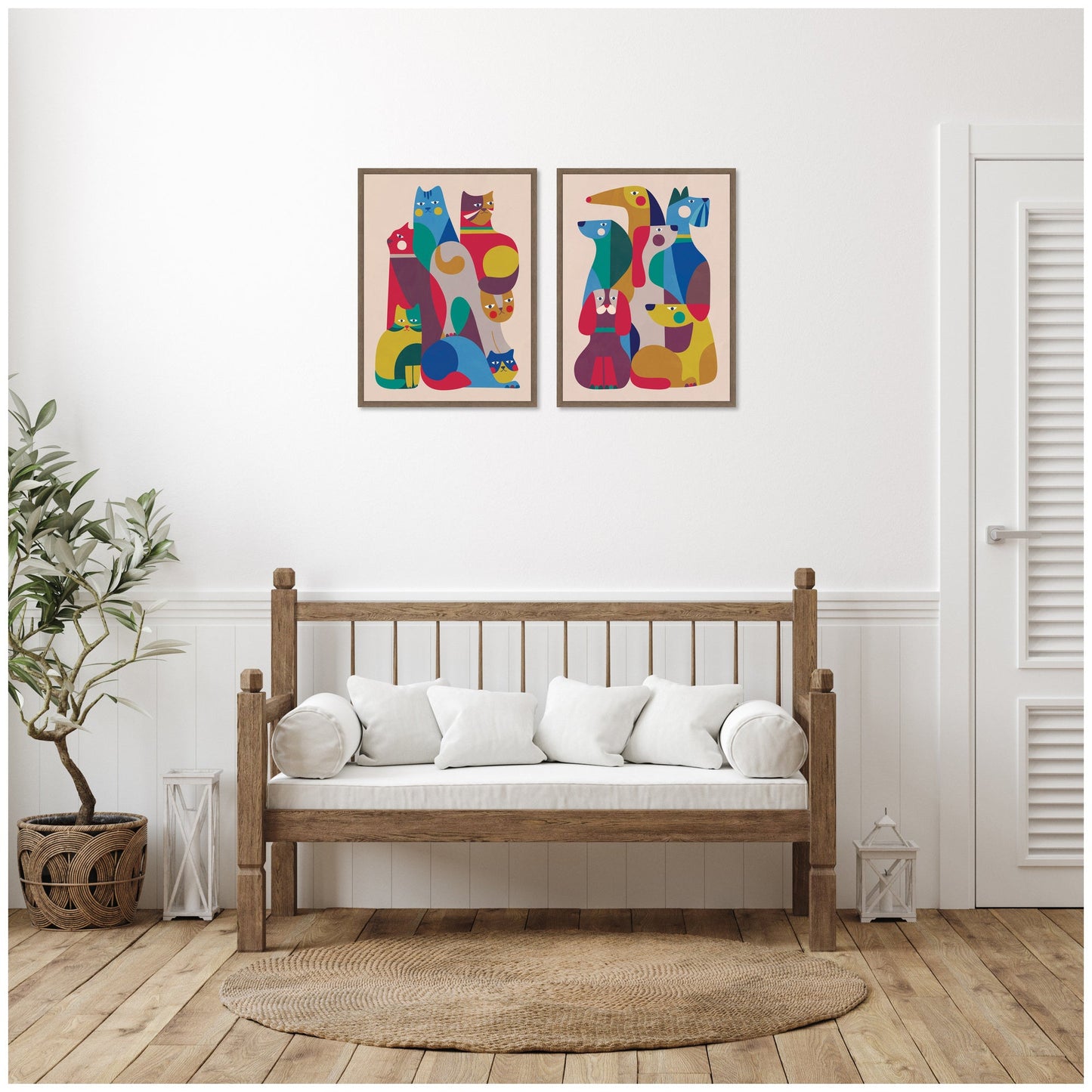 Retro Cats and Dogs 2 Piece Framed Canvas Set