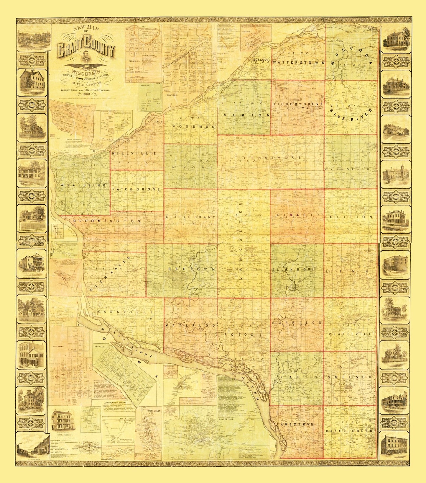 Vintage Map of Grant County, Wisconsin, 1868