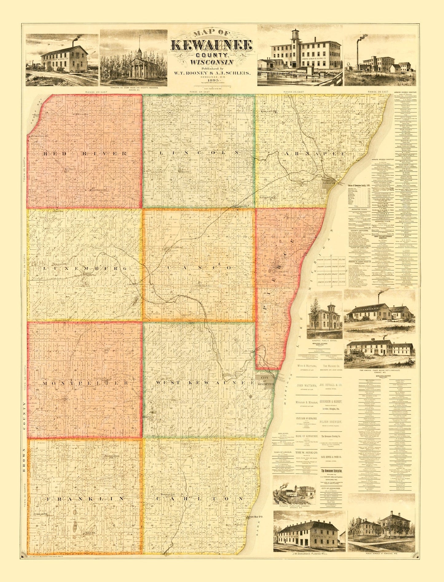 Vintage Map of Kewaunee County, Wisconsin, 1895