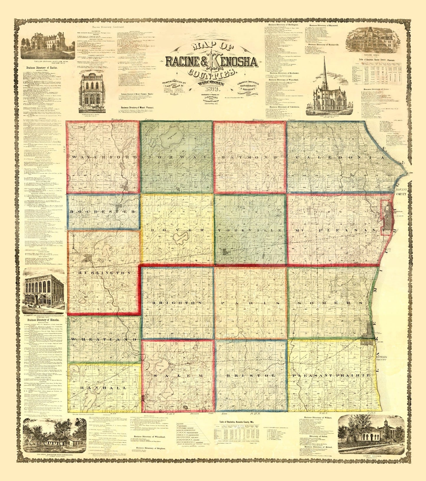 Vintage Map of Kenosha County, Wisconsin, 1873