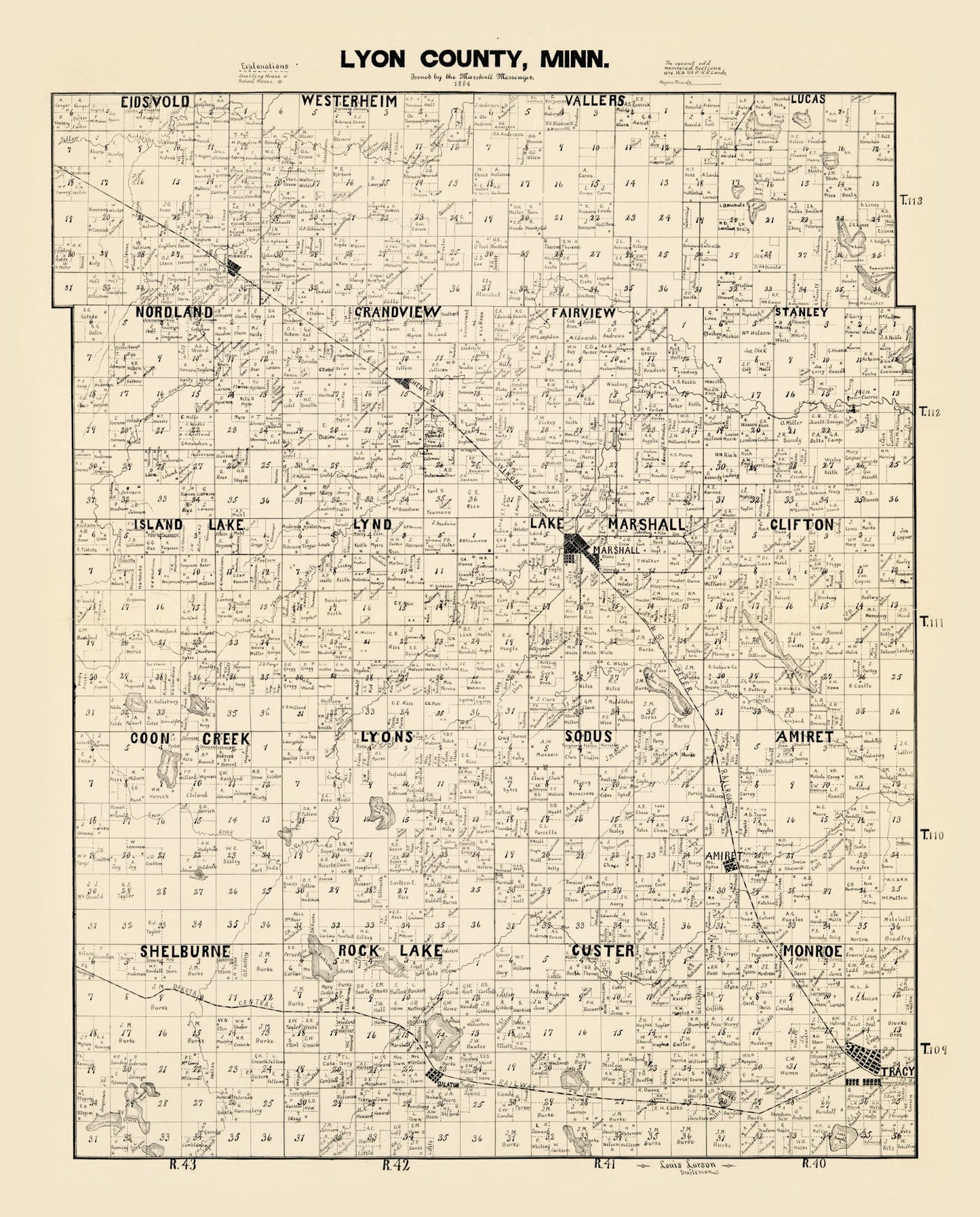Vintage Map of Lyon County, Minnesota, 1884