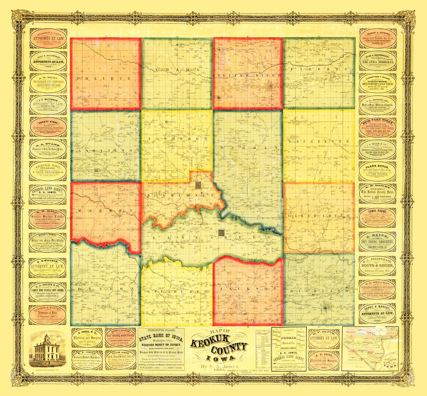 Vintage Map of Keokuk County, Iowa, 1861