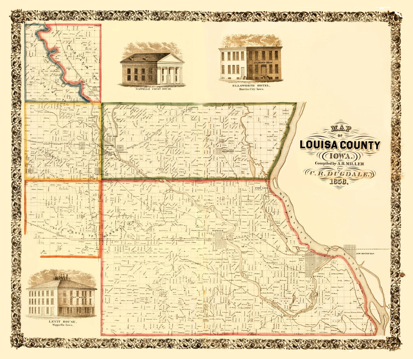 Vintage Map of Louisa County, Iowa, 1858