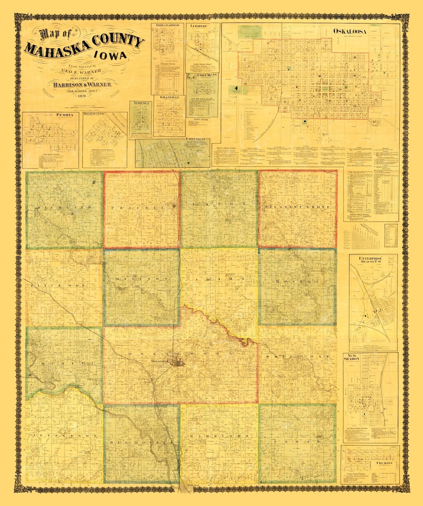 Vintage Map of Mahaska County, Iowa, 1871
