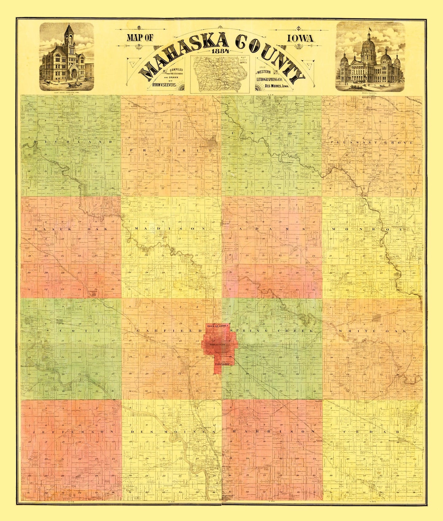 Vintage Map of Mahaska County, Iowa, 1884