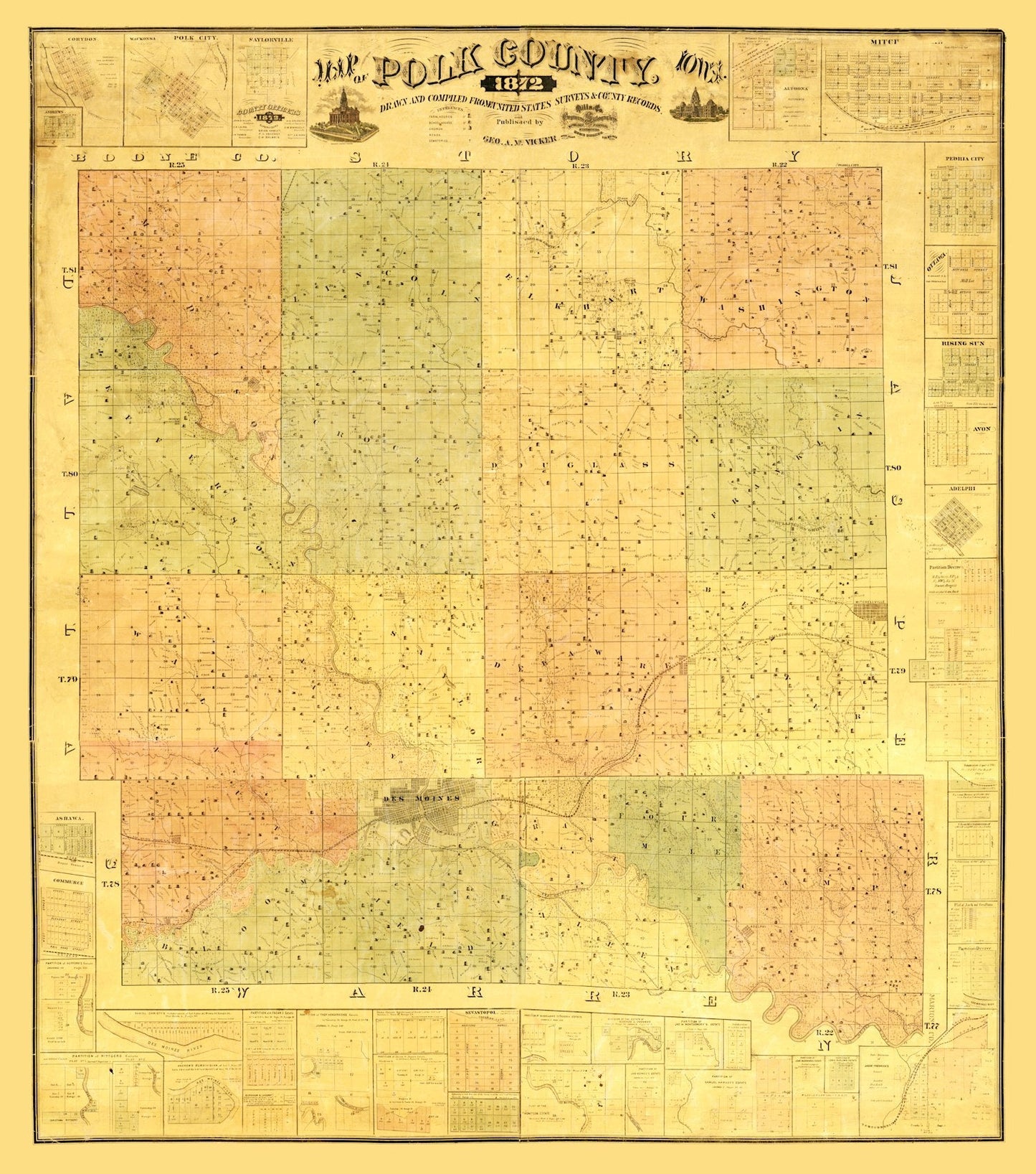 Vintage Map of Polk County, Iowa, 1872