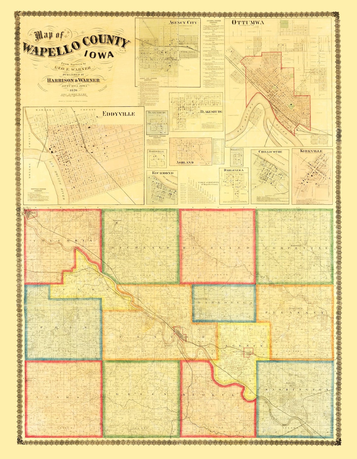 Vintage Map of Wapello County, Iowa, 1870
