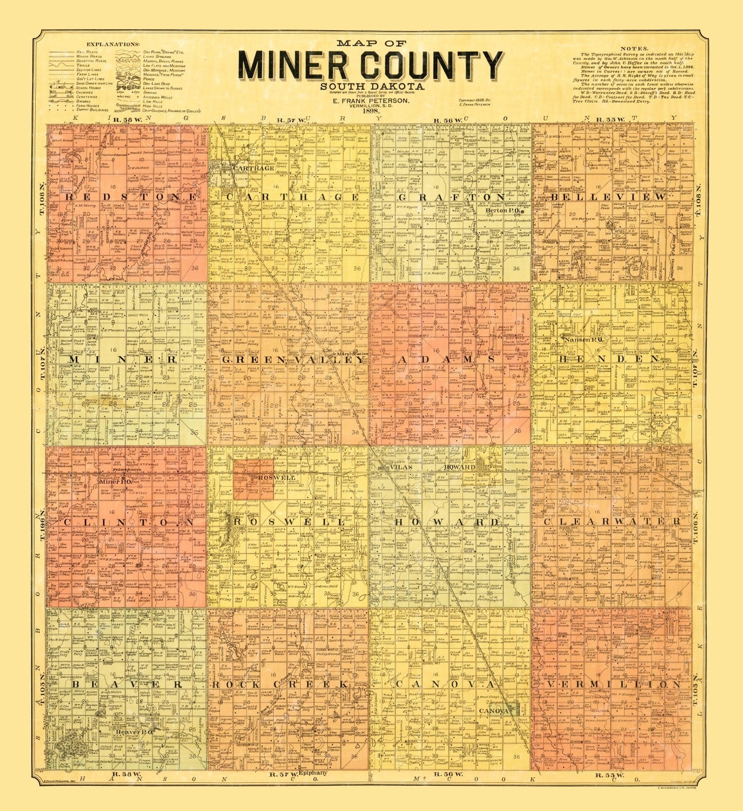Vintage Map of Miner County, South Dakota, 1898