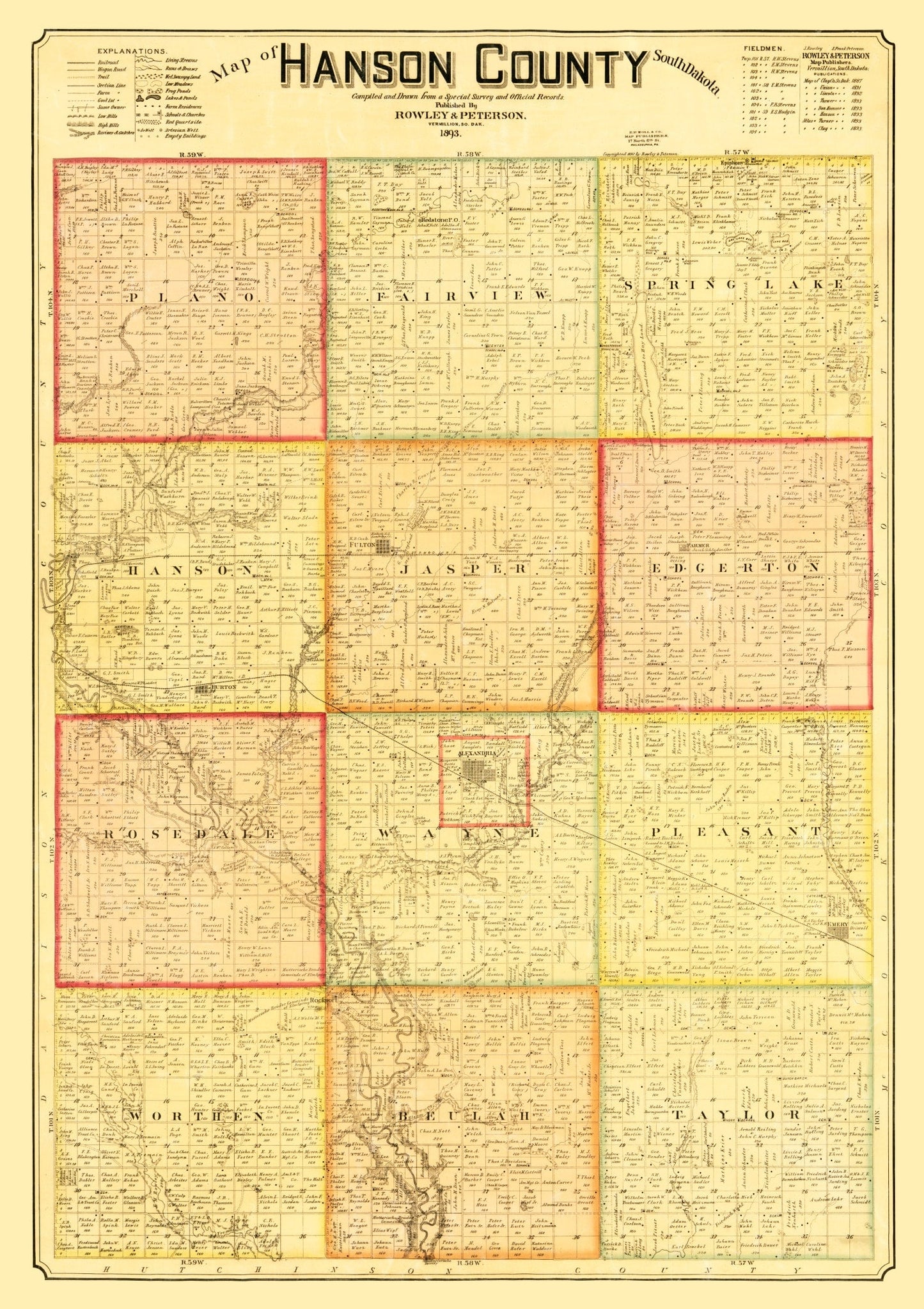 Vintage Map of Hanson County, South Dakota, 1893