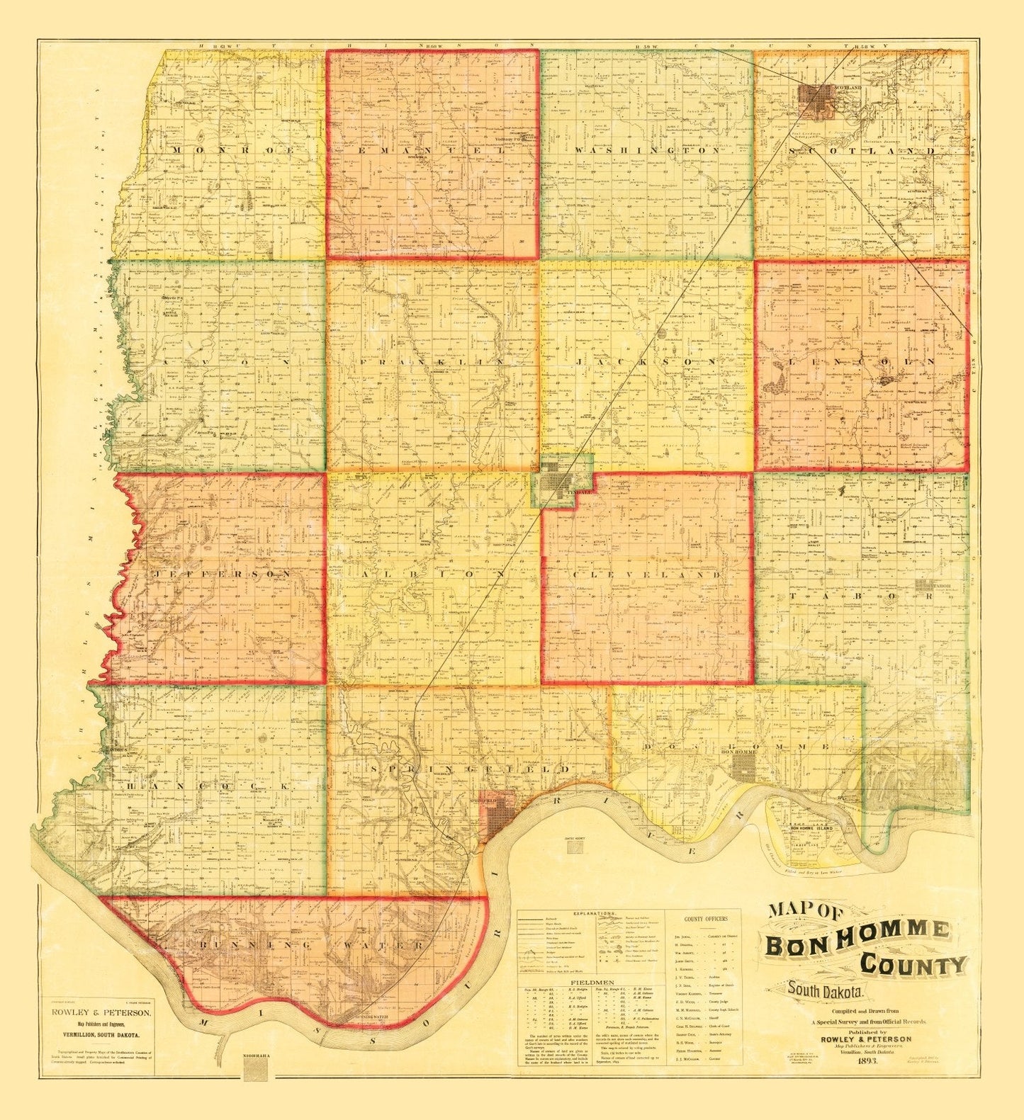 Vintage Map of Bon Homme County, South Dakota, 1893